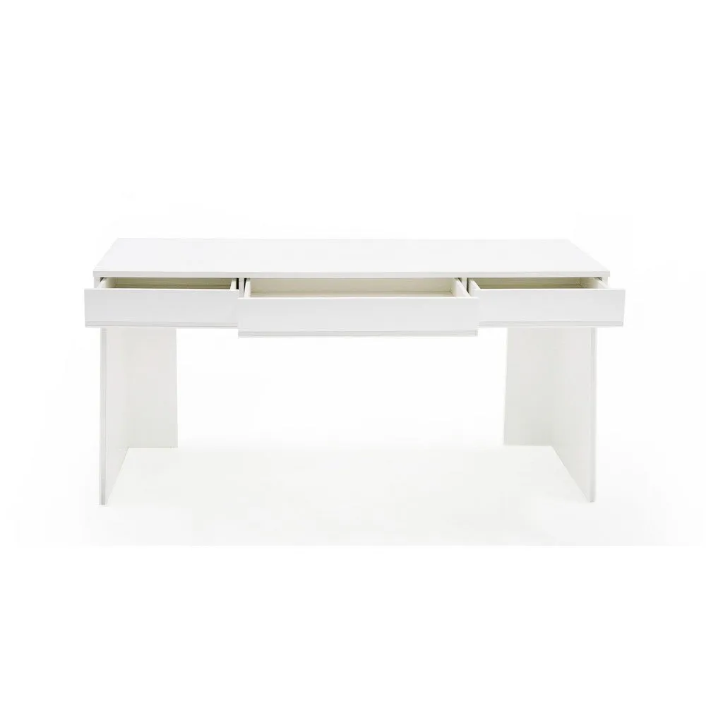63 Inch Office Desk, 3 Drawers, Modern Glossy White with Steel Metal Frame By Casagear Home