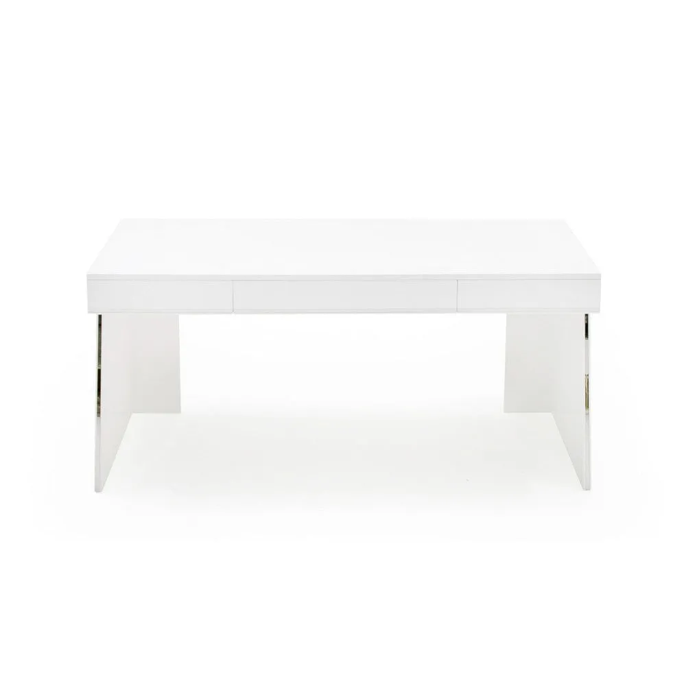 63 Inch Office Desk, 3 Drawers, Modern Glossy White with Steel Metal Frame By Casagear Home