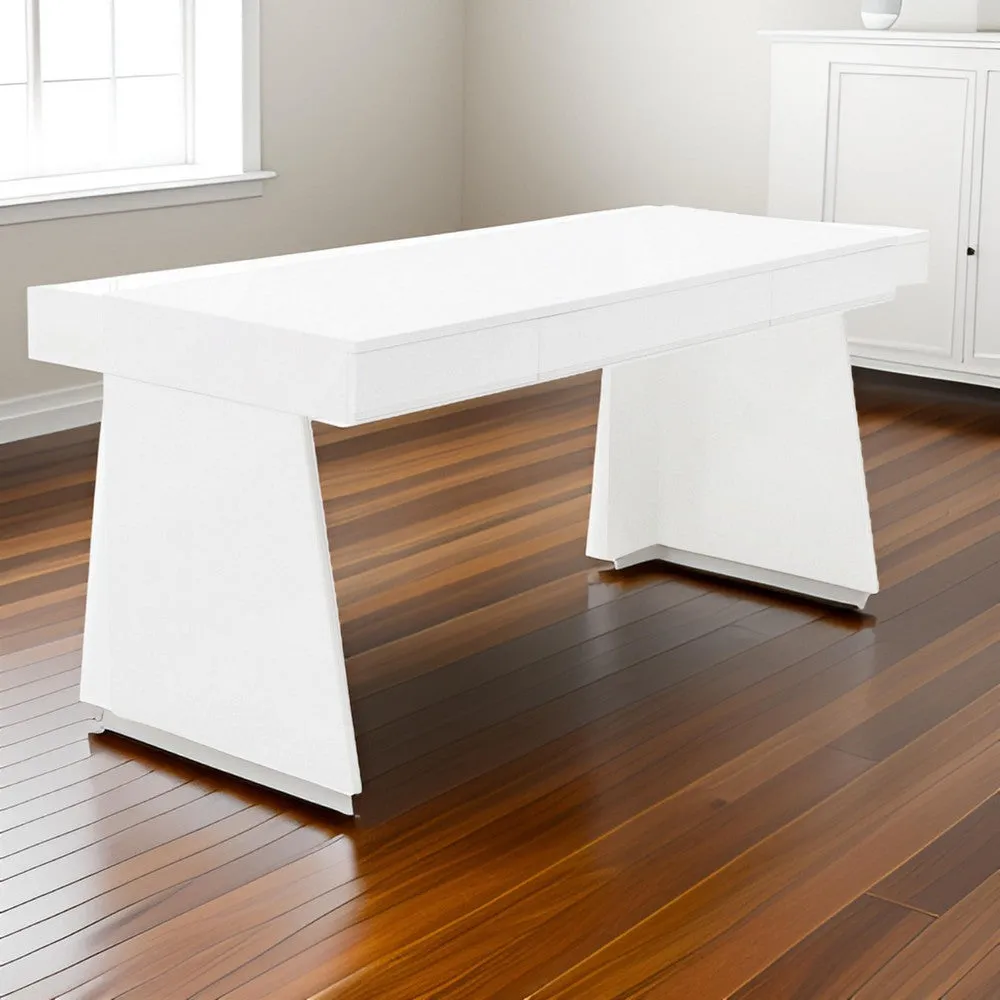 63 Inch Office Desk, 3 Drawers, Modern Glossy White with Steel Metal Frame By Casagear Home