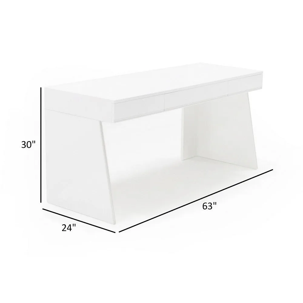 63 Inch Office Desk, 3 Drawers, Modern Glossy White with Steel Metal Frame By Casagear Home