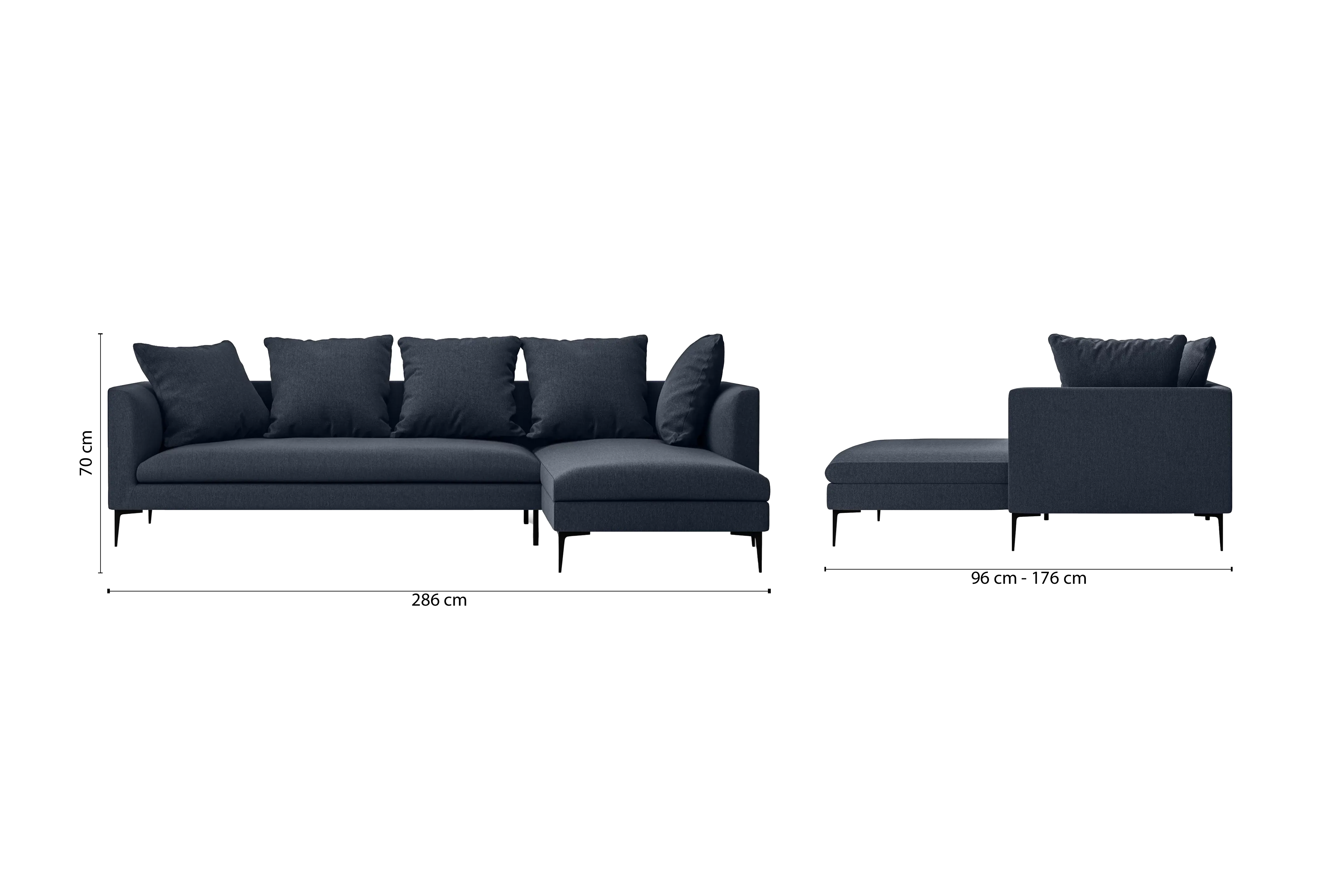 Aprilia 3 Seater Right Hand Facing Chaise Lounge Corner Sofa Dark Blue Linen Fabric