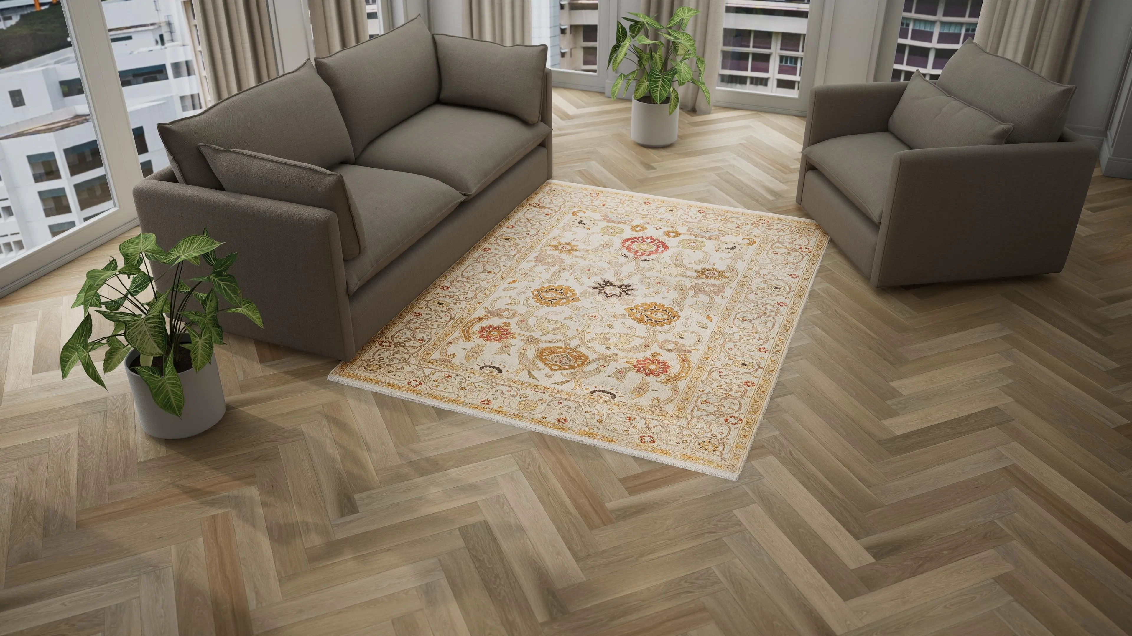 Beige Traditional Wool Rug - 6' x 8'10"