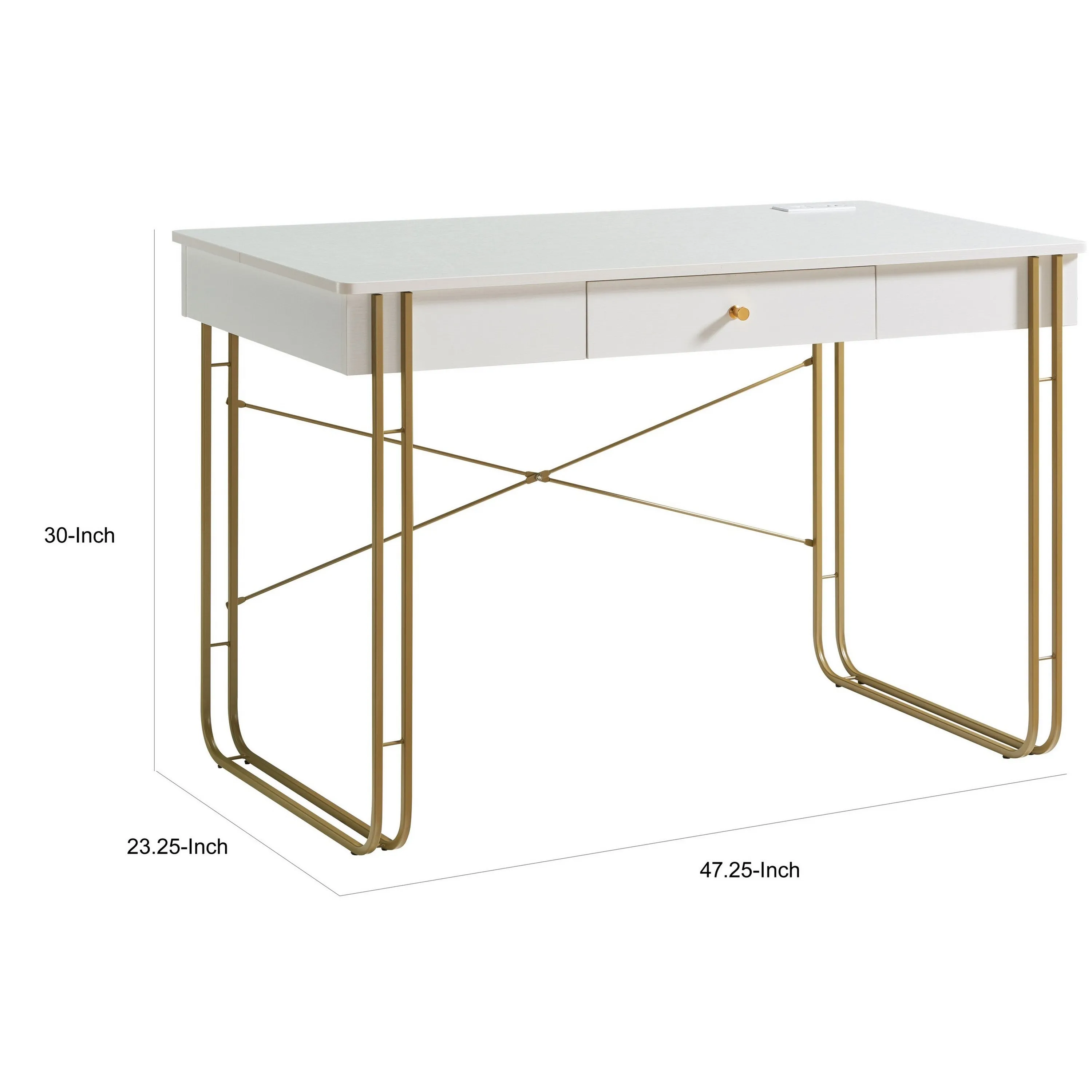 Bery 47 Inch Home Office Desk, 1 Drawer with Knob, USB Port, White, Gold By Casagear Home