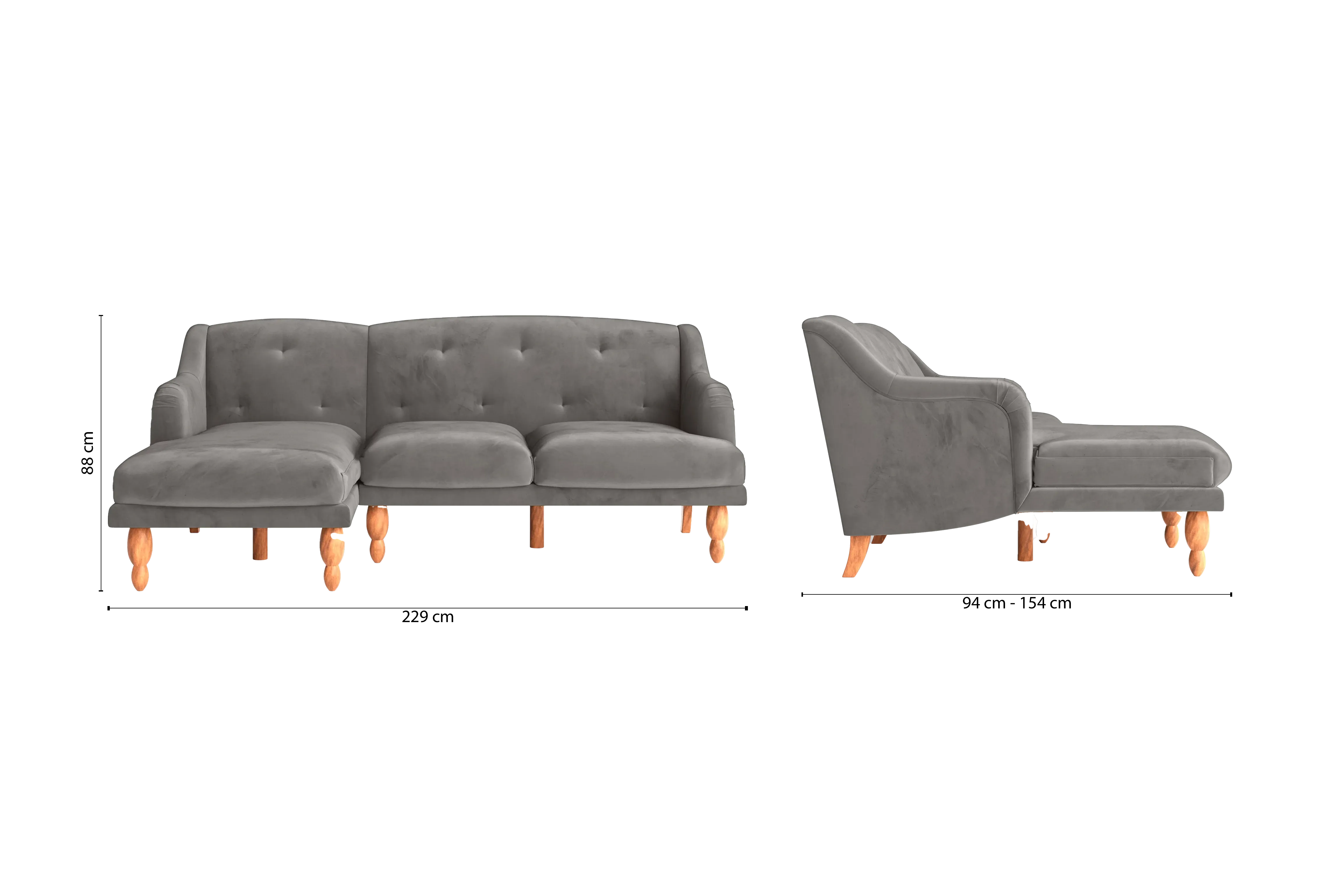 Burlington 3 Seater Left Hand Facing Chaise Lounge Corner Sofa Grey Velvet