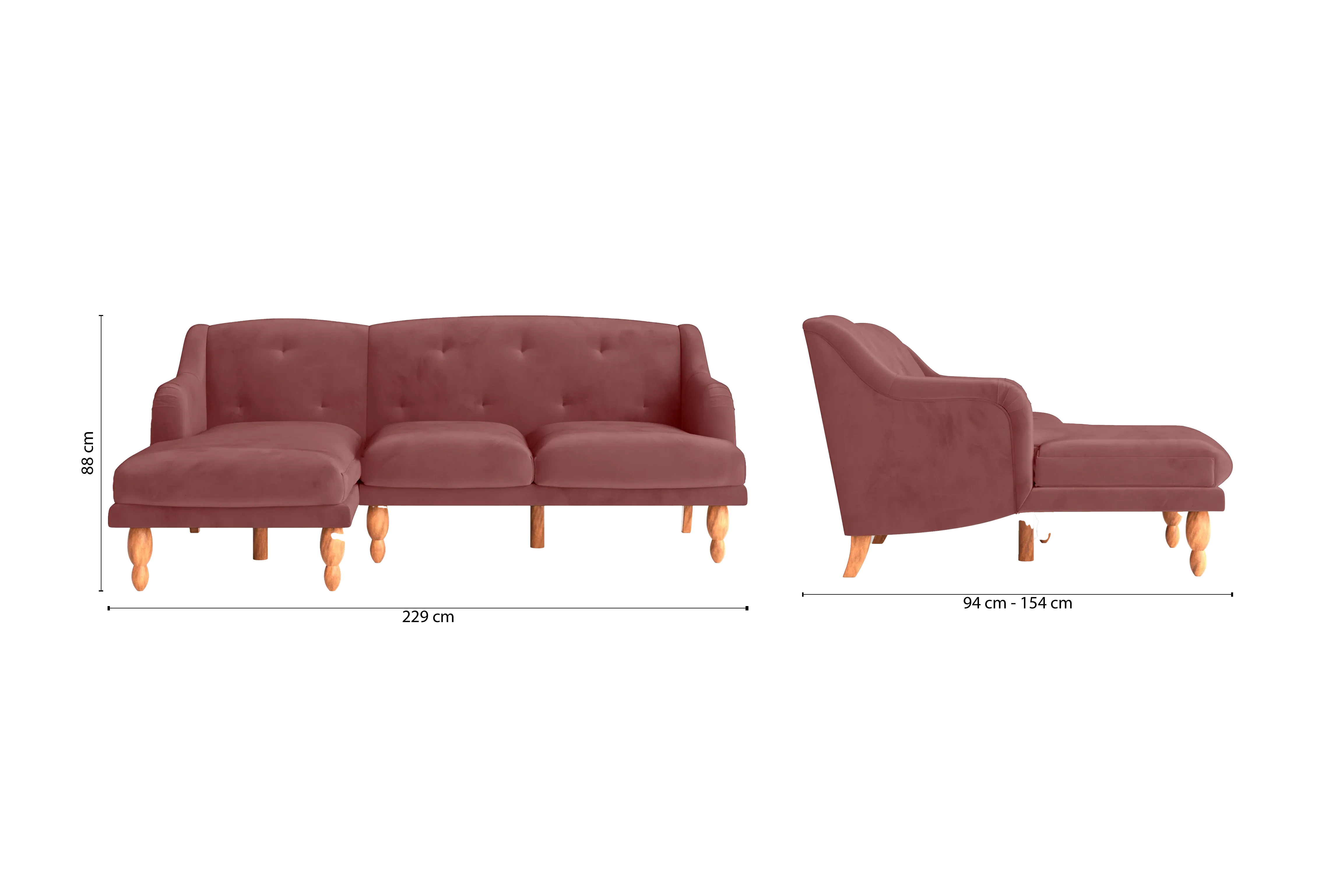 Burlington 3 Seater Left Hand Facing Chaise Lounge Corner Sofa Pink Velvet