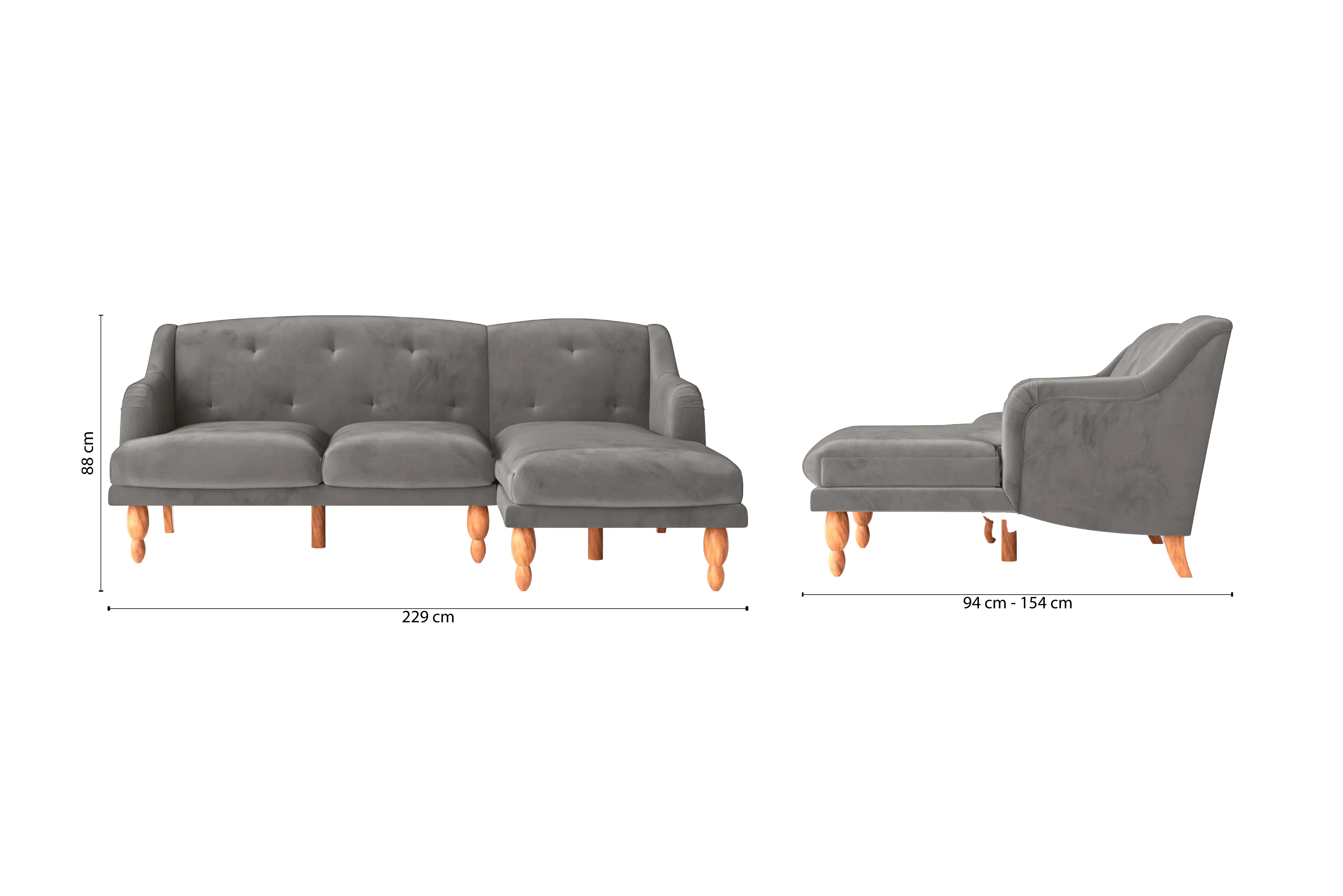 Burlington 3 Seater Right Hand Facing Chaise Lounge Corner Sofa Grey Velvet