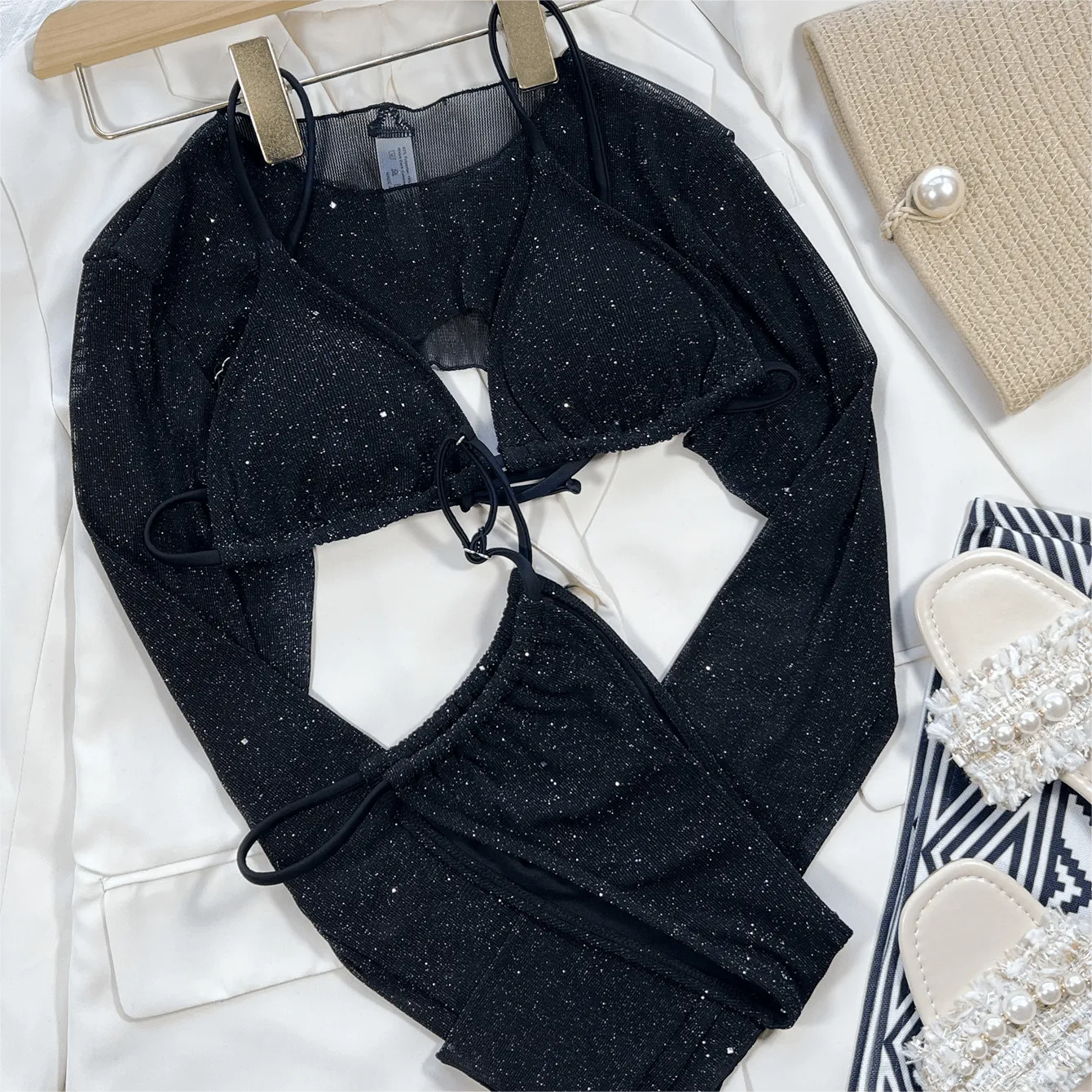 DIY Crystal Letters Black Bikini Custom Name 3 Piece Bikini Set Beach Body Jewelry(Custom 1-10 Letters)