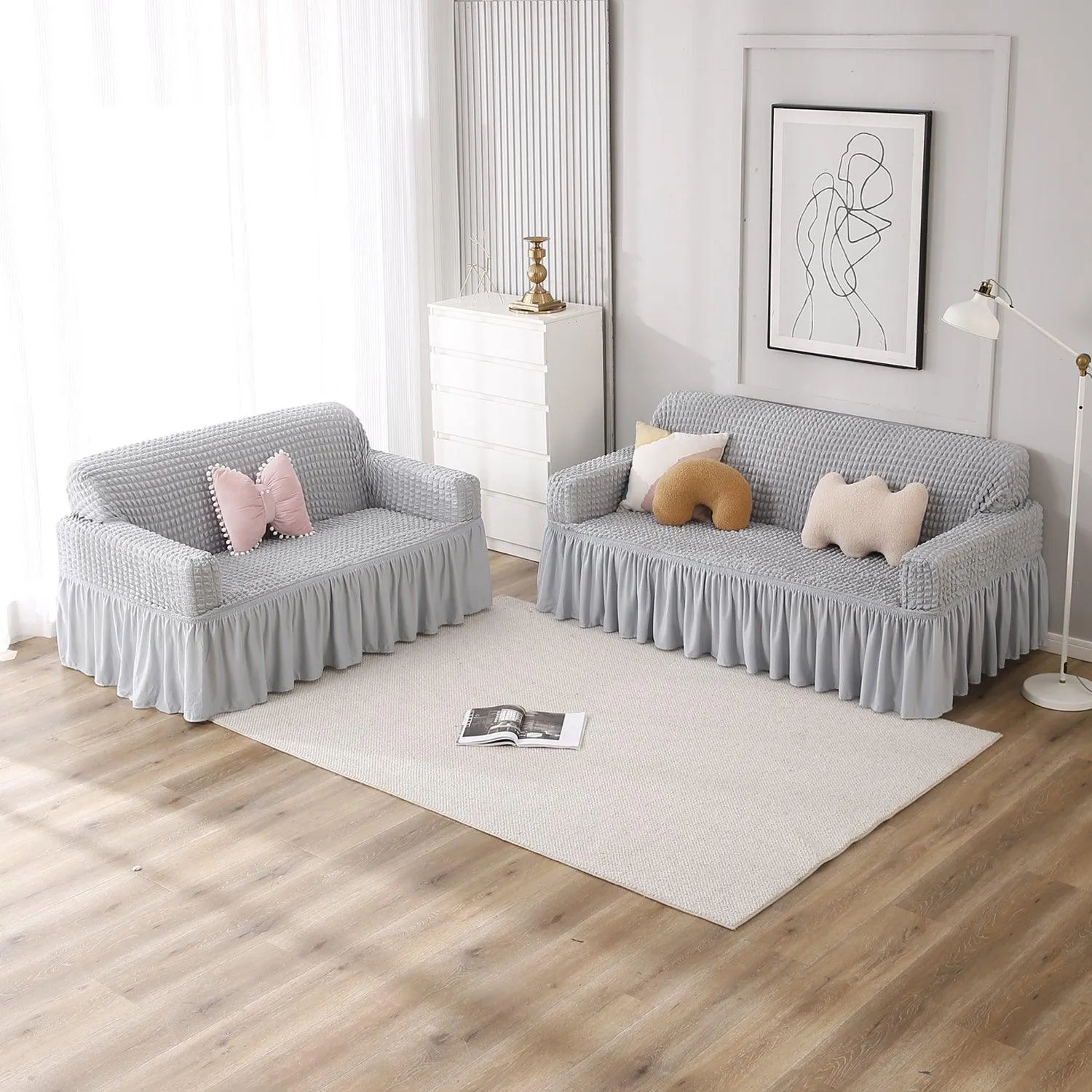 Elastic Stretchable 280 GSM Turkish Bubble Sofa Cover with Frill, Ash Grey