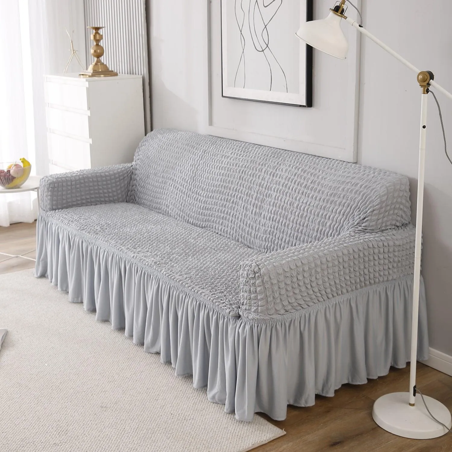 Elastic Stretchable 280 GSM Turkish Bubble Sofa Cover with Frill, Ash Grey