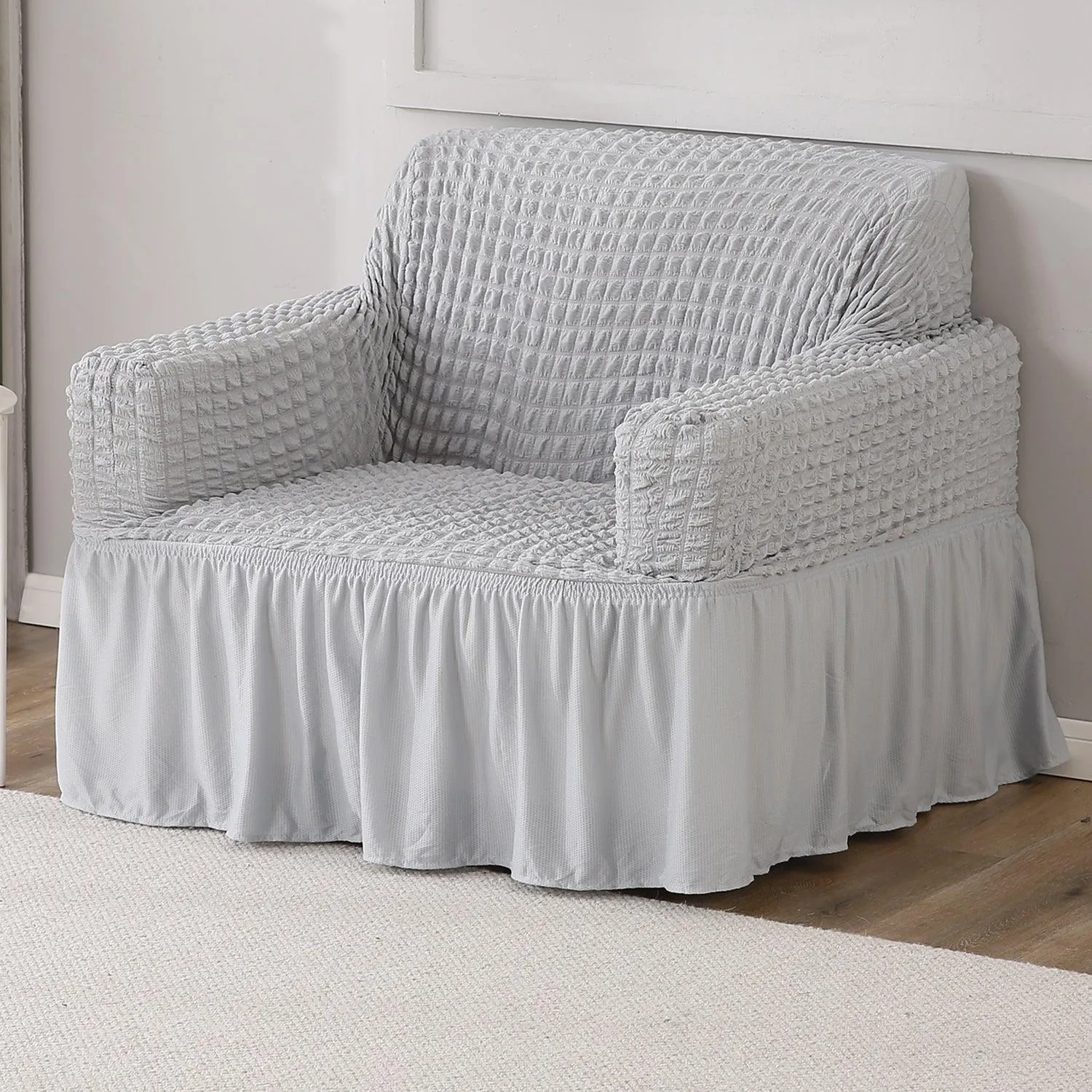 Elastic Stretchable 280 GSM Turkish Bubble Sofa Cover with Frill, Ash Grey
