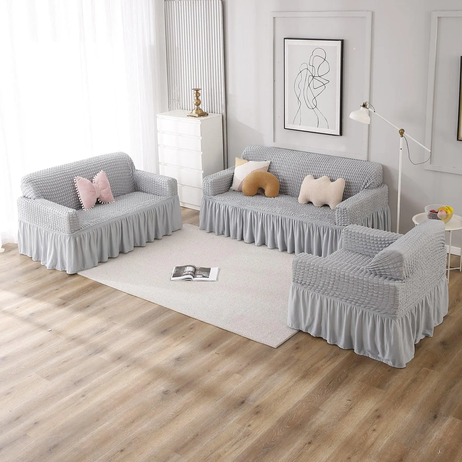 Elastic Stretchable 280 GSM Turkish Bubble Sofa Cover with Frill, Ash Grey