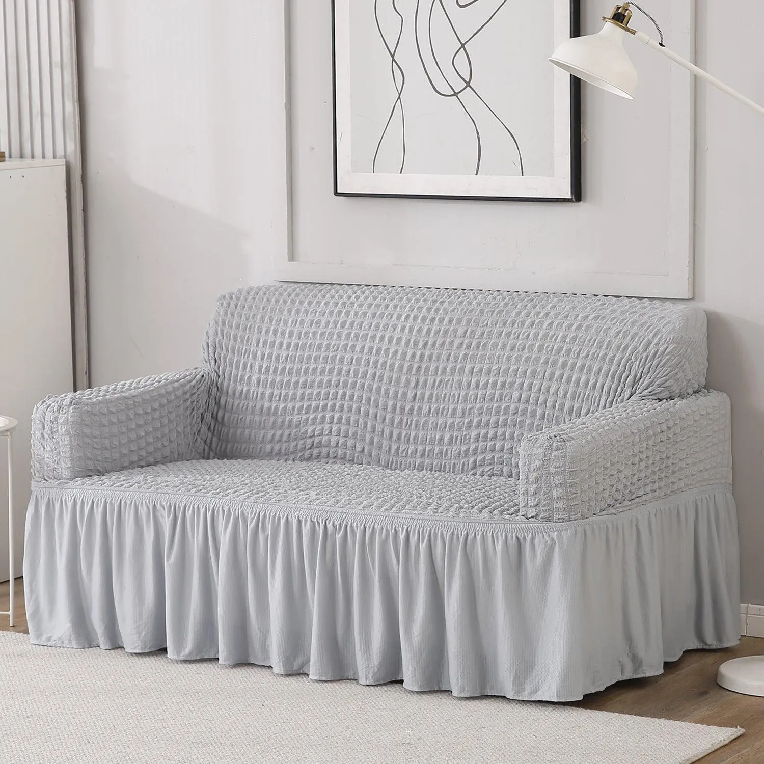 Elastic Stretchable 280 GSM Turkish Bubble Sofa Cover with Frill, Ash Grey