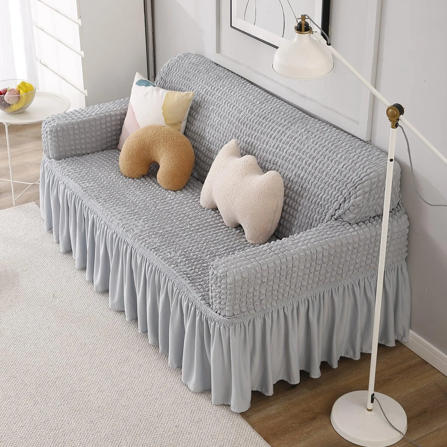 Elastic Stretchable 280 GSM Turkish Bubble Sofa Cover with Frill, Ash Grey