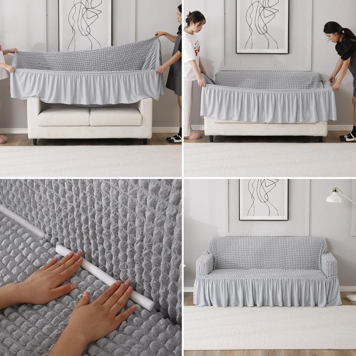Elastic Stretchable 280 GSM Turkish Bubble Sofa Cover with Frill, Ash Grey