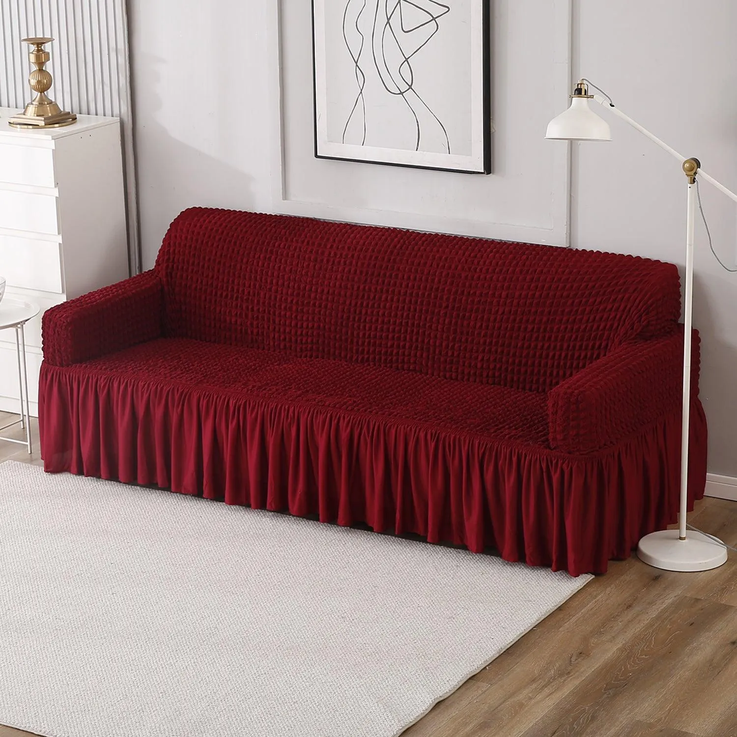 Elastic Stretchable 280 GSM Turkish Bubble Sofa Cover with Frill, Cherry Red