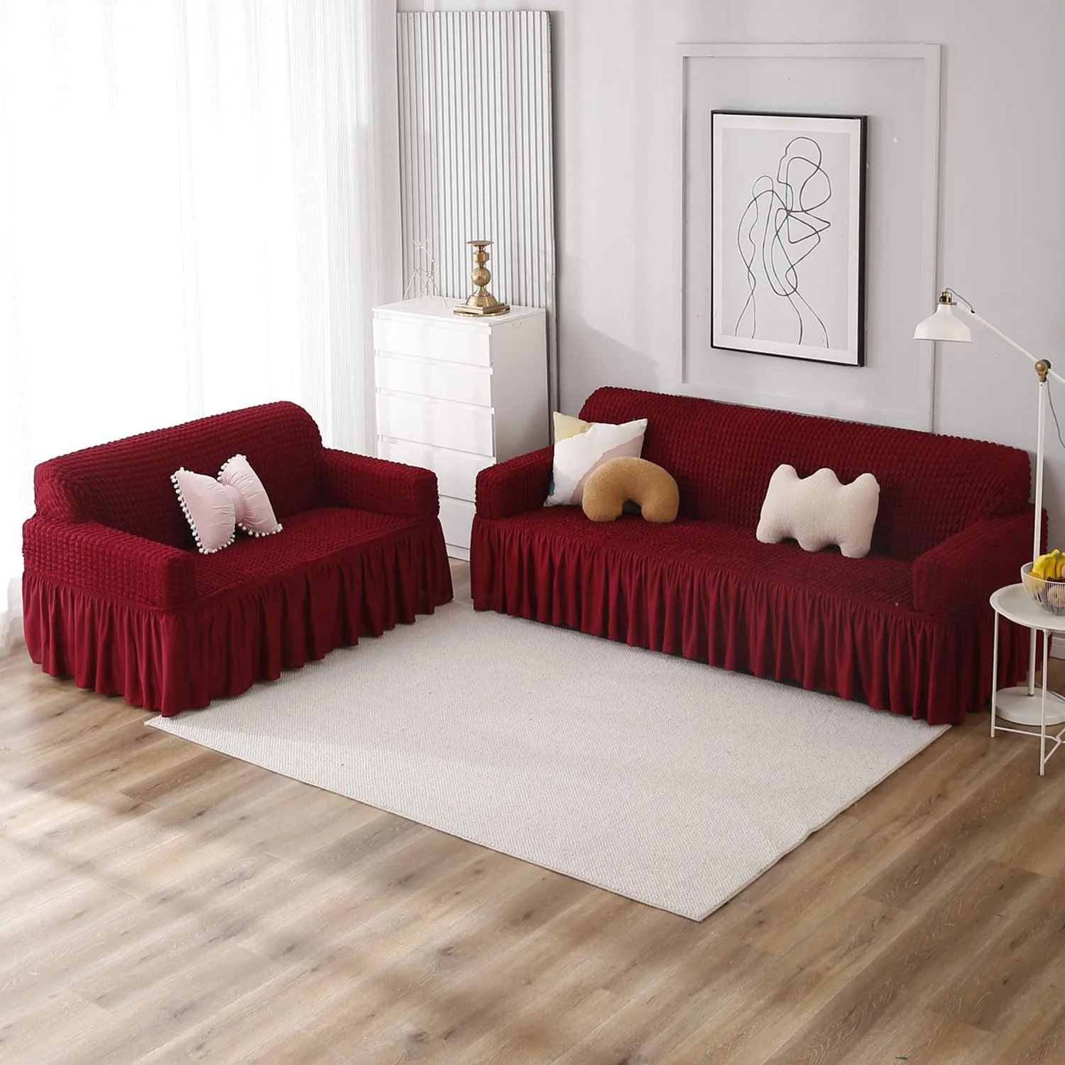 Elastic Stretchable 280 GSM Turkish Bubble Sofa Cover with Frill, Cherry Red