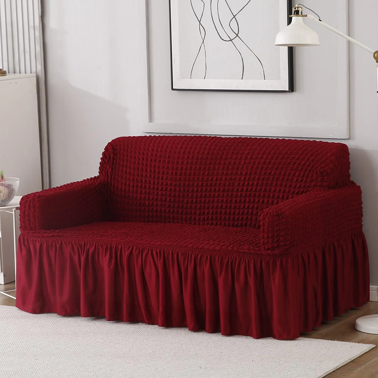 Elastic Stretchable 280 GSM Turkish Bubble Sofa Cover with Frill, Cherry Red