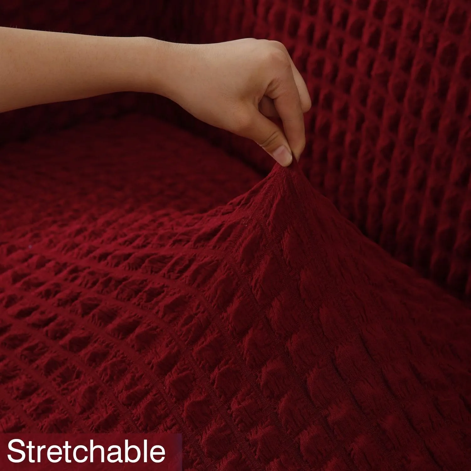 Elastic Stretchable 280 GSM Turkish Bubble Sofa Cover with Frill, Cherry Red