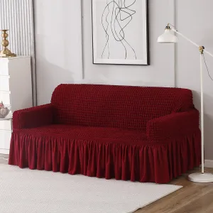 Elastic Stretchable 280 GSM Turkish Bubble Sofa Cover with Frill, Cherry Red