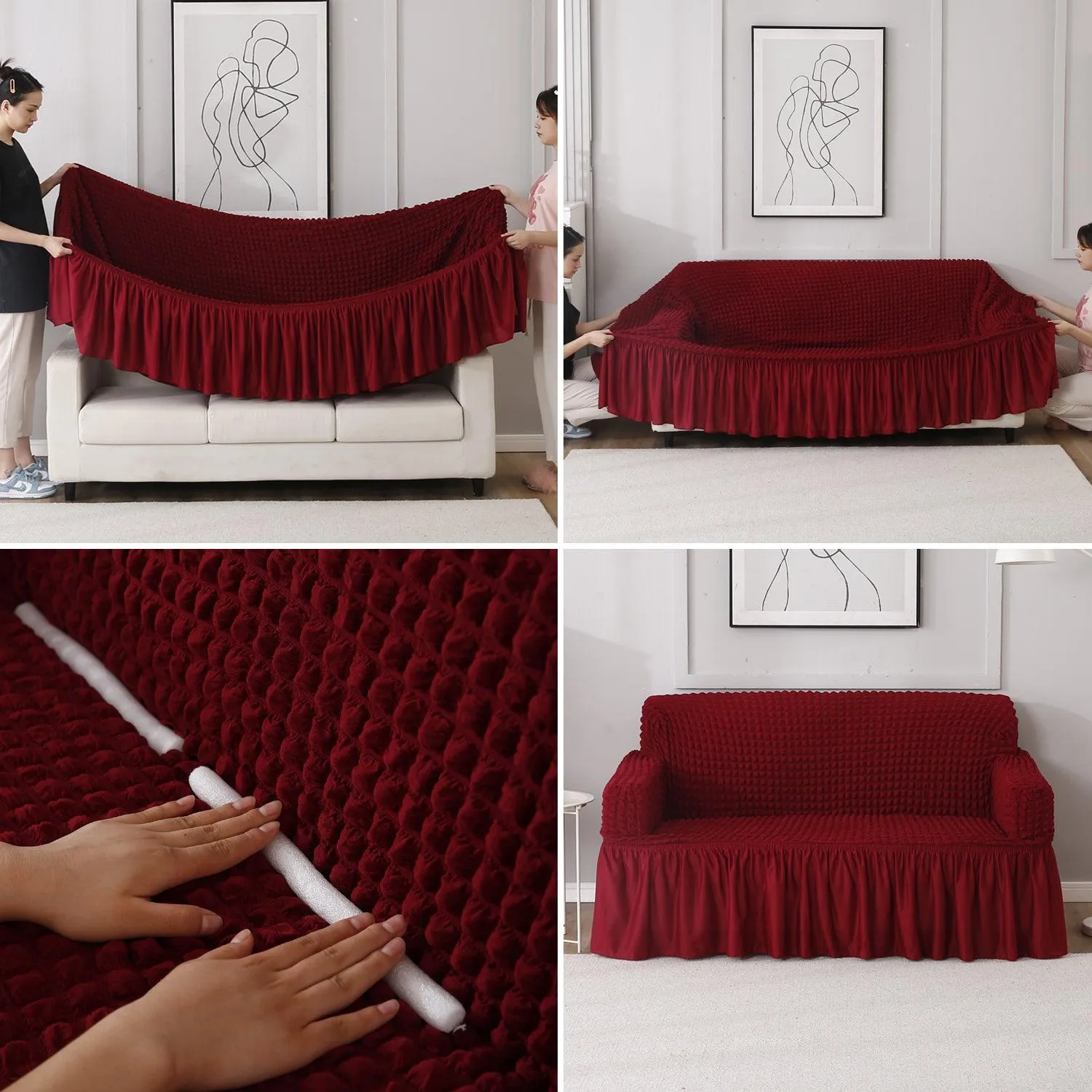 Elastic Stretchable 280 GSM Turkish Bubble Sofa Cover with Frill, Cherry Red