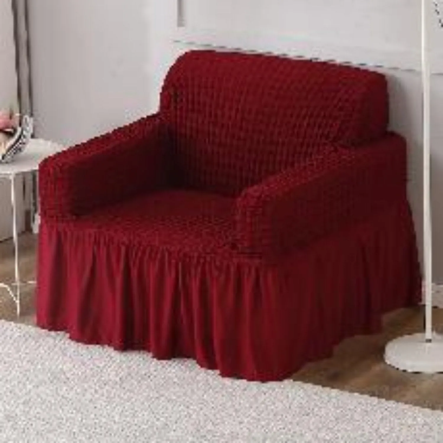 Elastic Stretchable 280 GSM Turkish Bubble Sofa Cover with Frill, Cherry Red