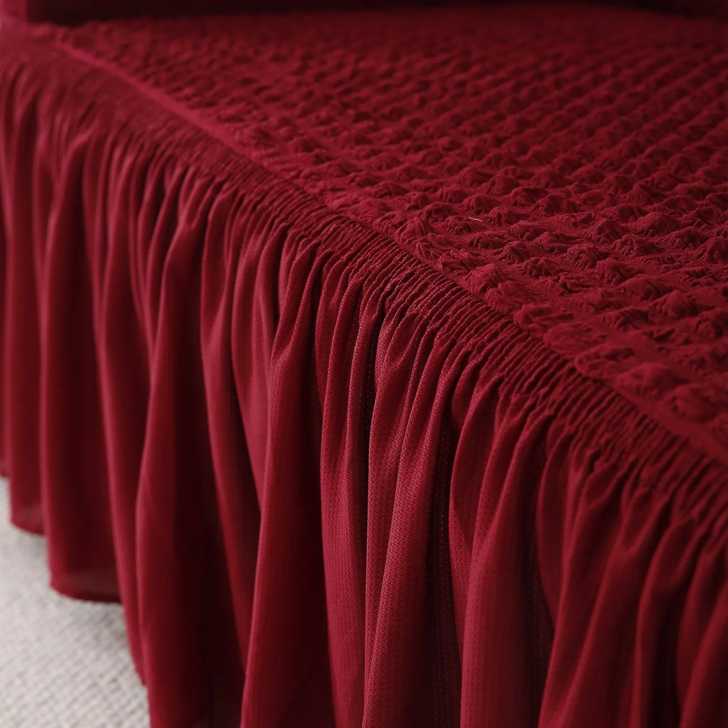 Elastic Stretchable 280 GSM Turkish Bubble Sofa Cover with Frill, Cherry Red