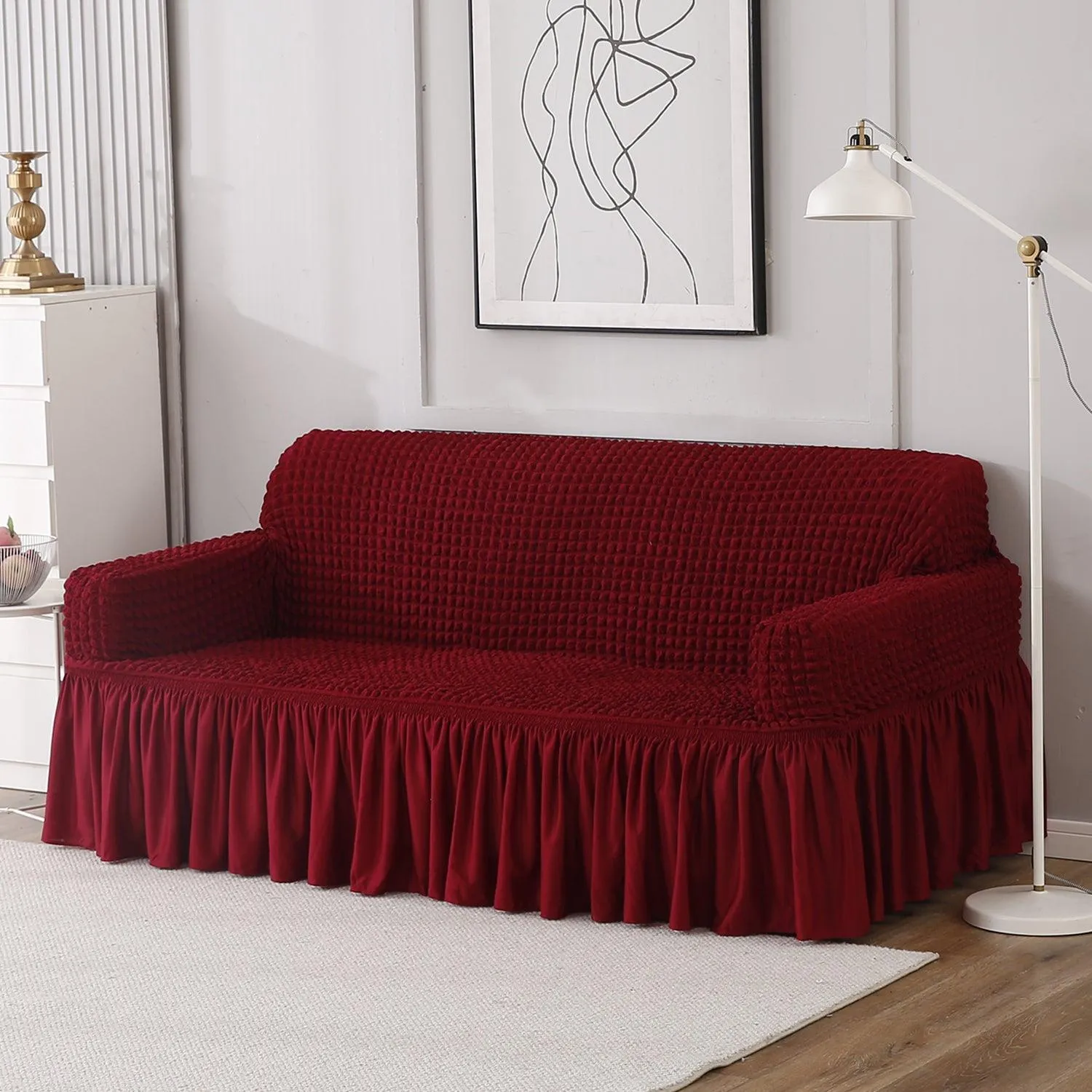 Elastic Stretchable 280 GSM Turkish Bubble Sofa Cover with Frill, Cherry Red