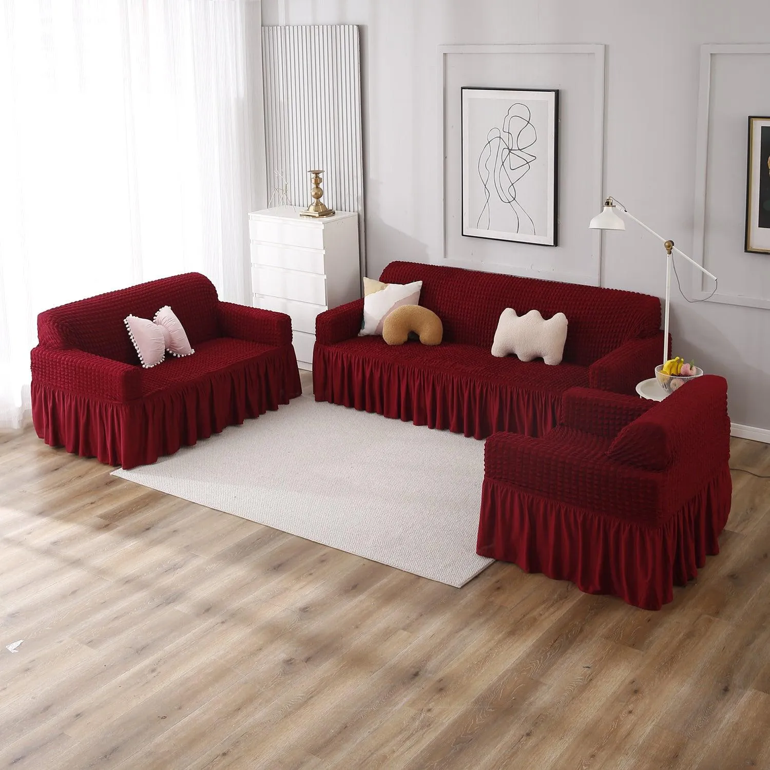 Elastic Stretchable 280 GSM Turkish Bubble Sofa Cover with Frill, Cherry Red