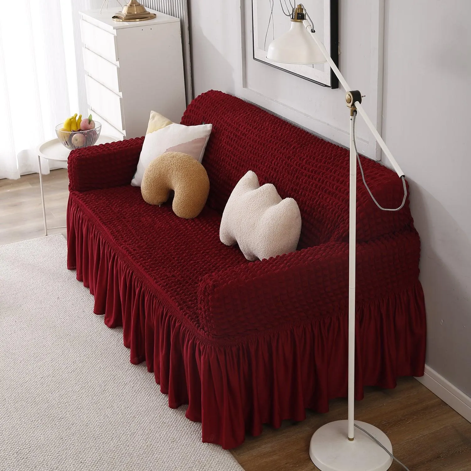 Elastic Stretchable 280 GSM Turkish Bubble Sofa Cover with Frill, Cherry Red
