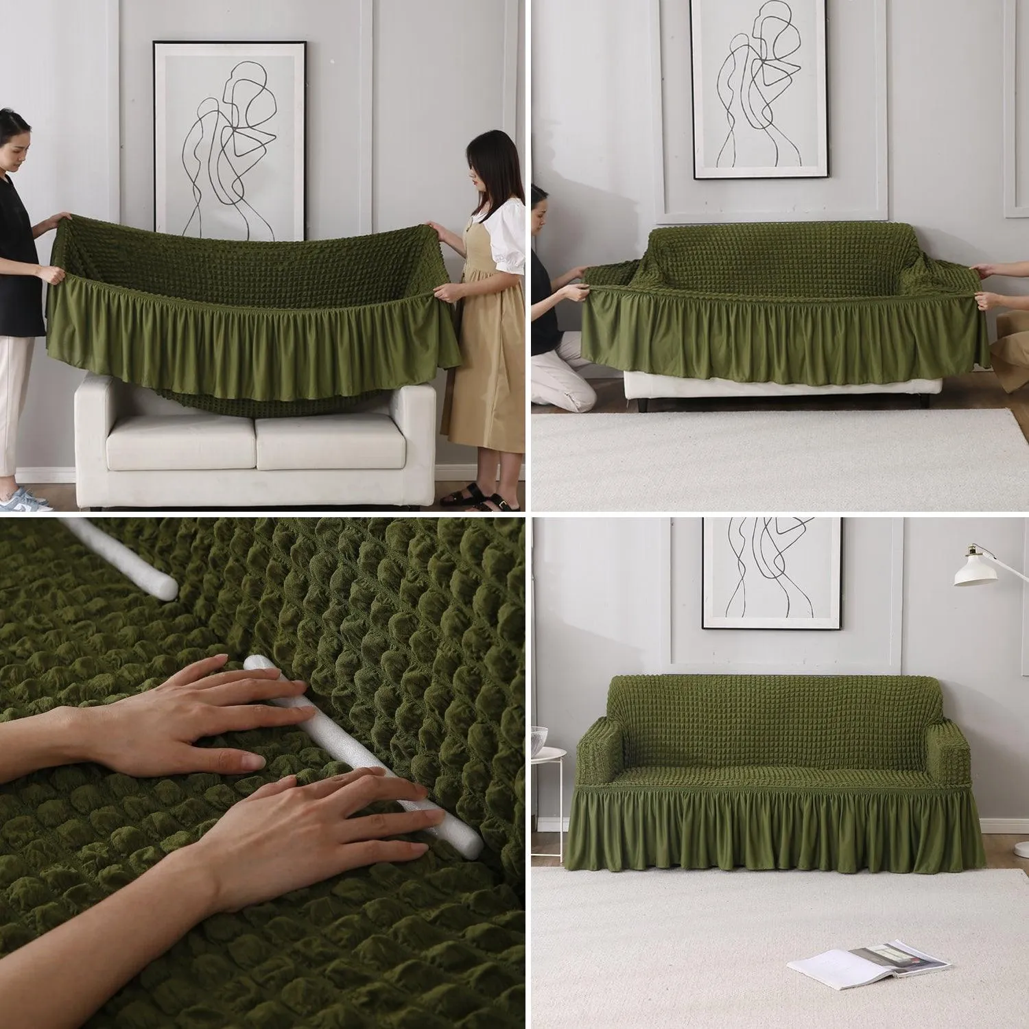 Elastic Stretchable Turkish Bubble 280 GSM Sofa Cover with Frill, Forest Green