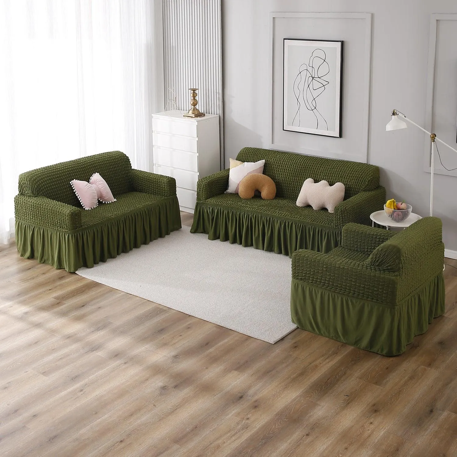 Elastic Stretchable Turkish Bubble 280 GSM Sofa Cover with Frill, Forest Green