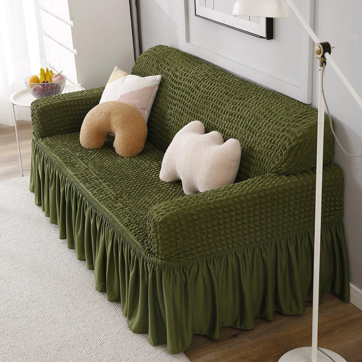 Elastic Stretchable Turkish Bubble 280 GSM Sofa Cover with Frill, Forest Green