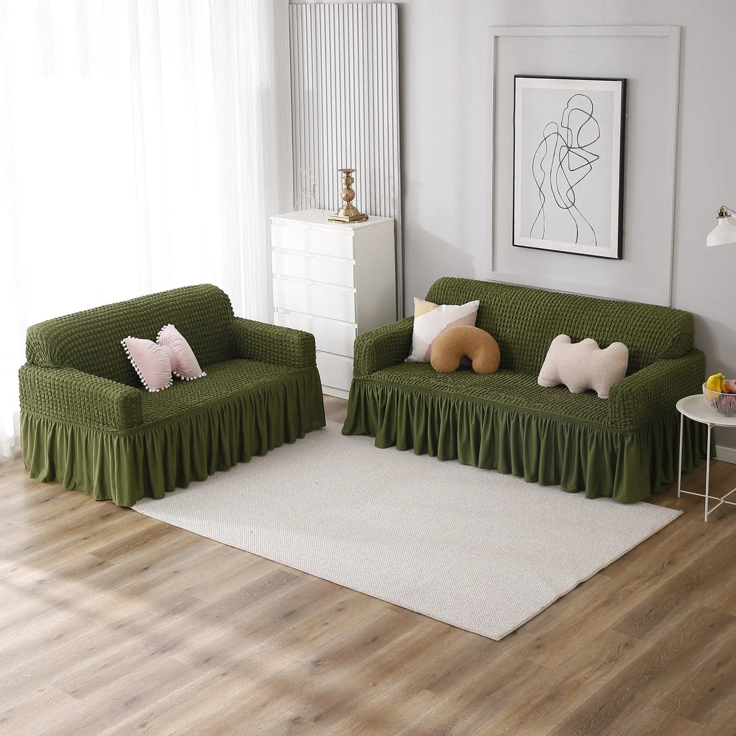 Elastic Stretchable Turkish Bubble 280 GSM Sofa Cover with Frill, Forest Green