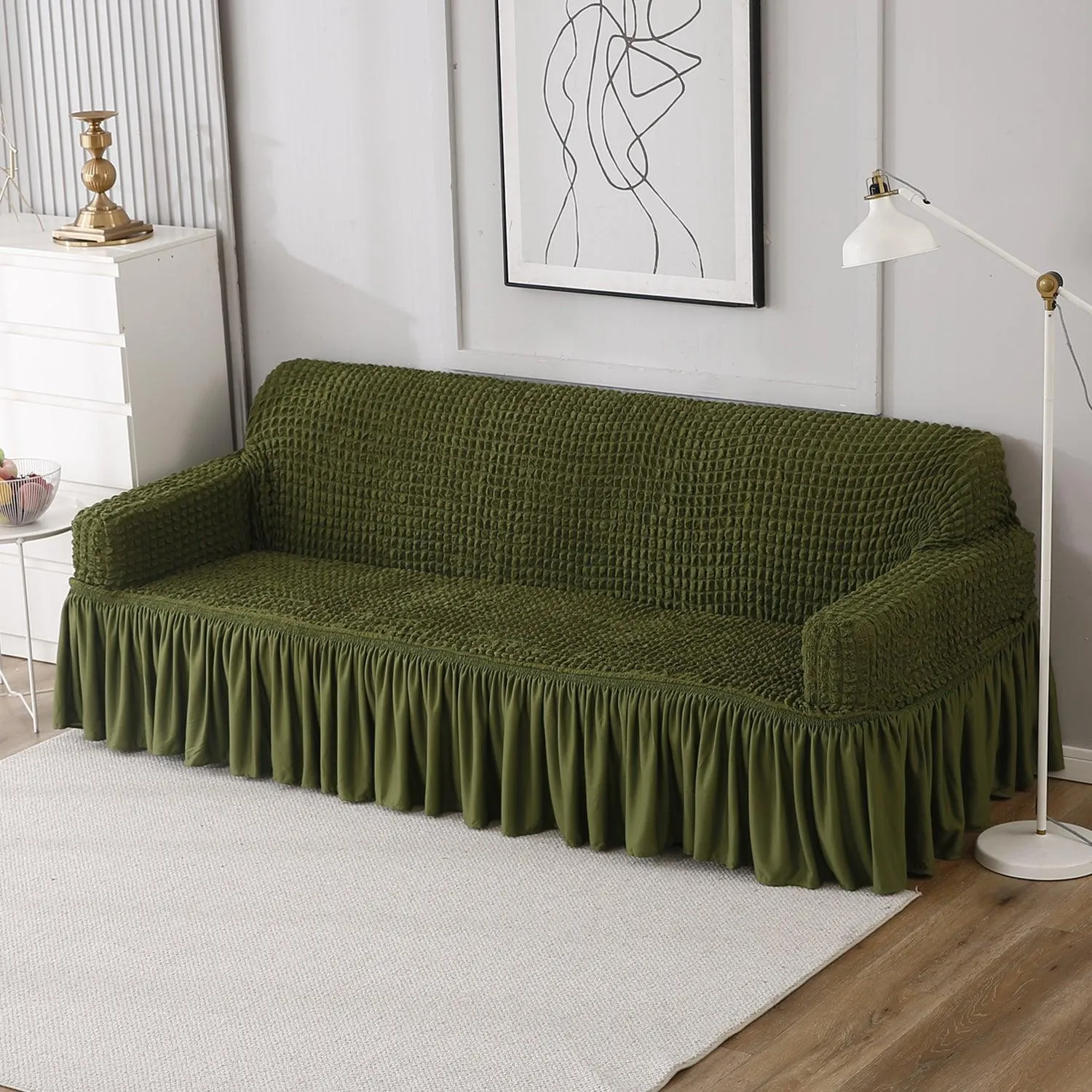 Elastic Stretchable Turkish Bubble 280 GSM Sofa Cover with Frill, Forest Green