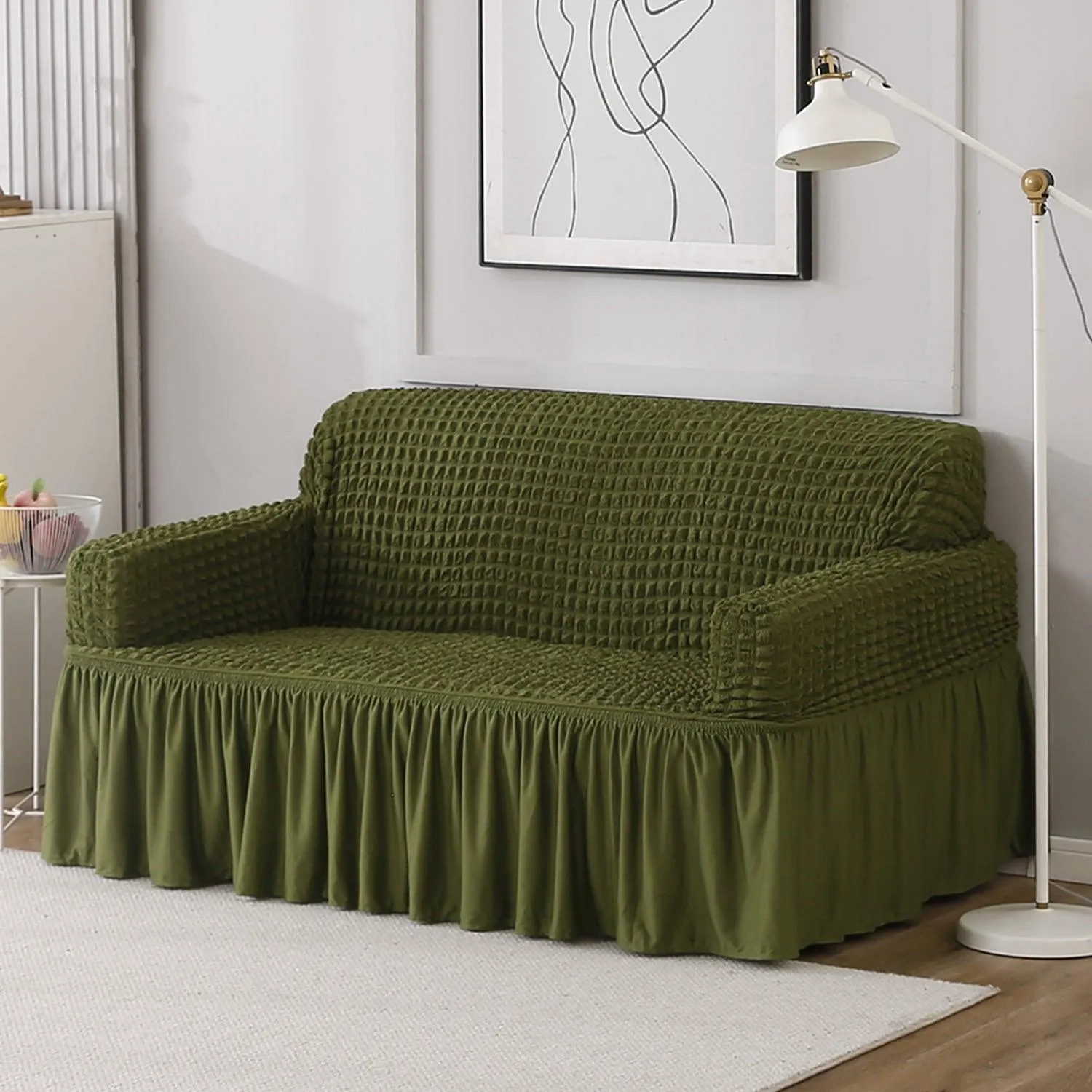 Elastic Stretchable Turkish Bubble 280 GSM Sofa Cover with Frill, Forest Green