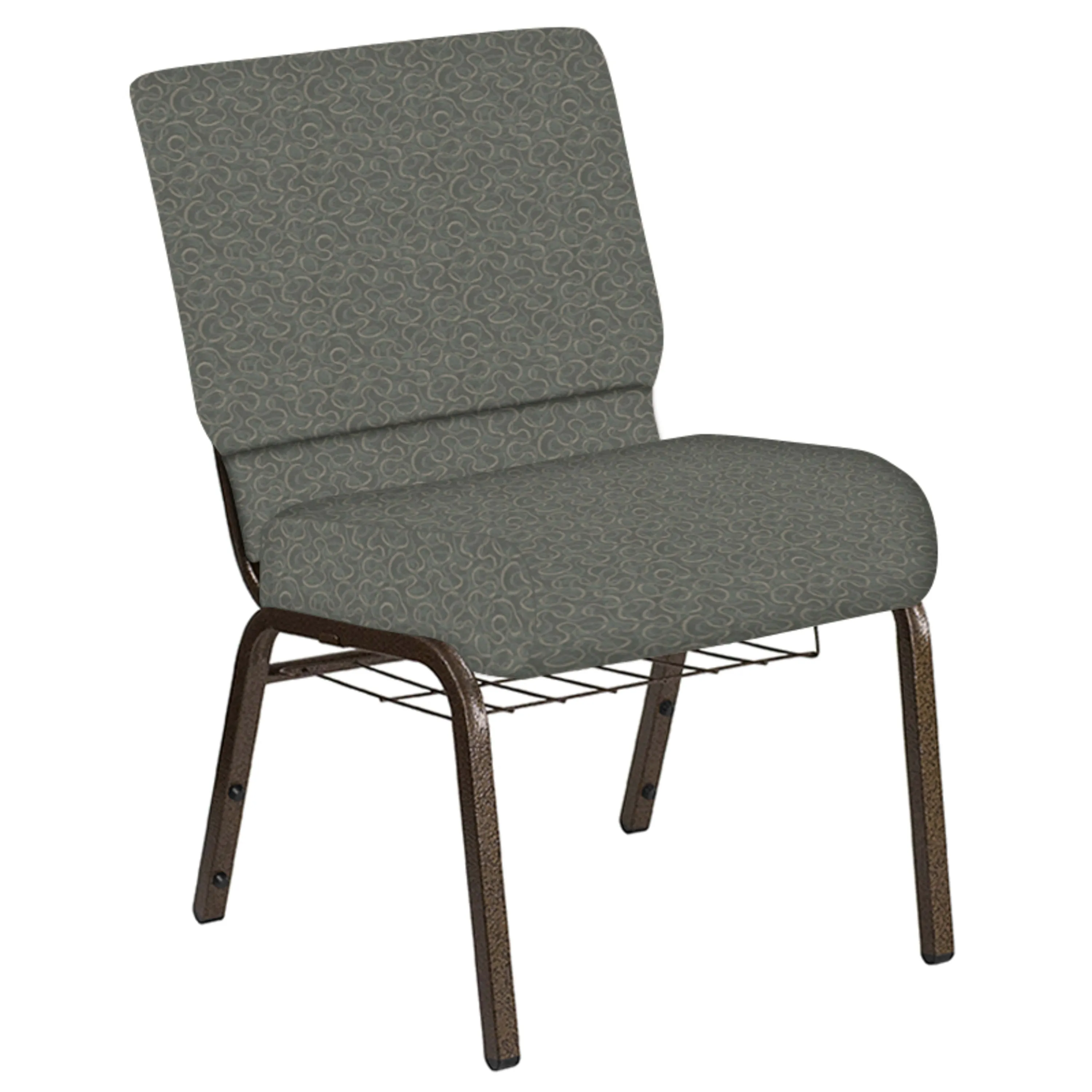 Embroidered 21''W Church Chair in Ribbons Fabric with Book Rack - Gold Vein Frame