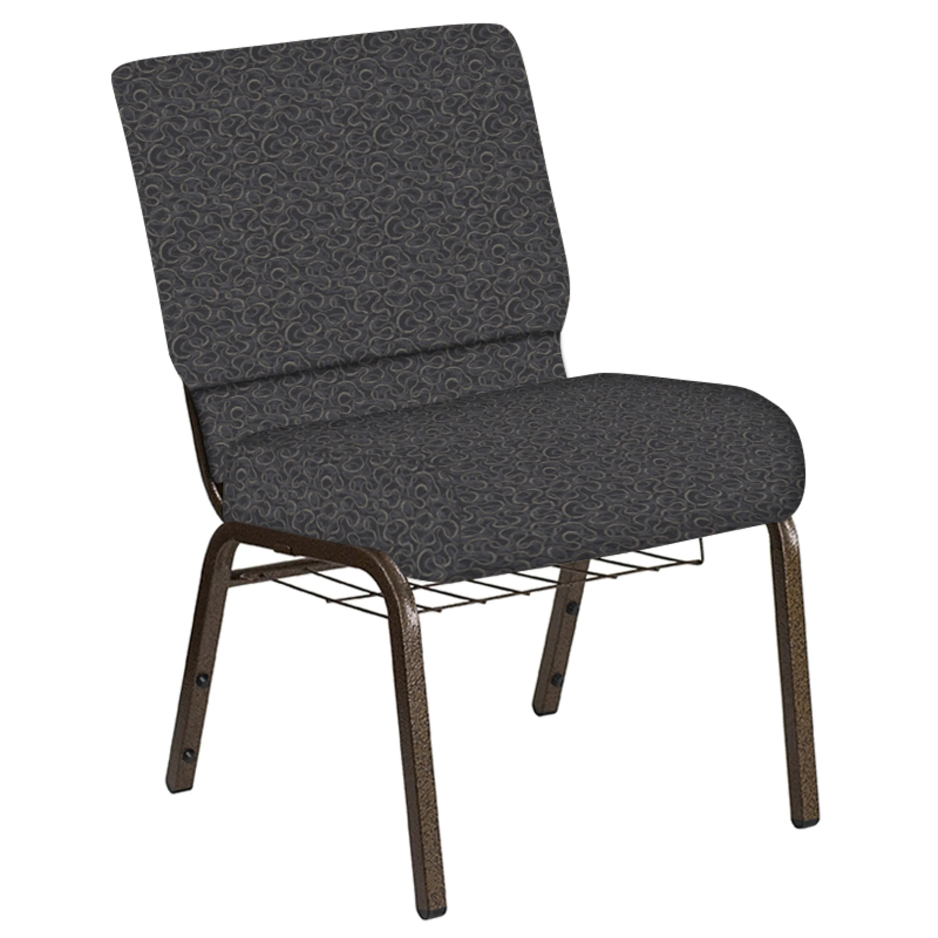 Embroidered 21''W Church Chair in Ribbons Fabric with Book Rack - Gold Vein Frame