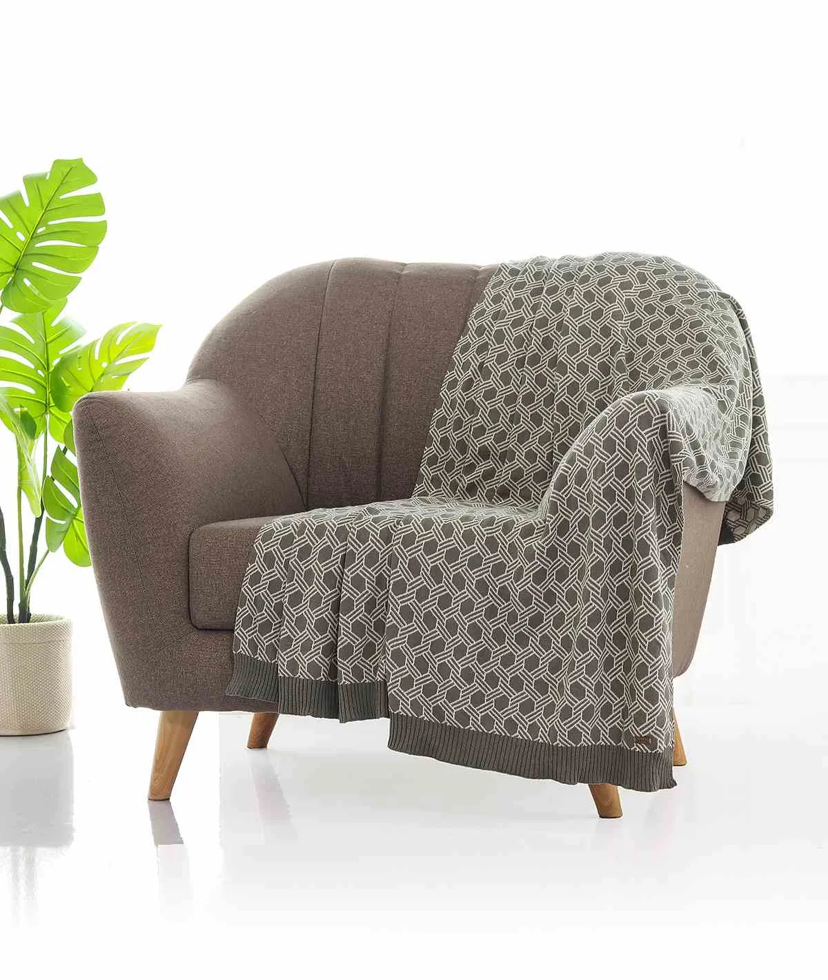 Geometric Fossil & Natural Color 100% Cotton Knitted All Season AC Throw Blanket