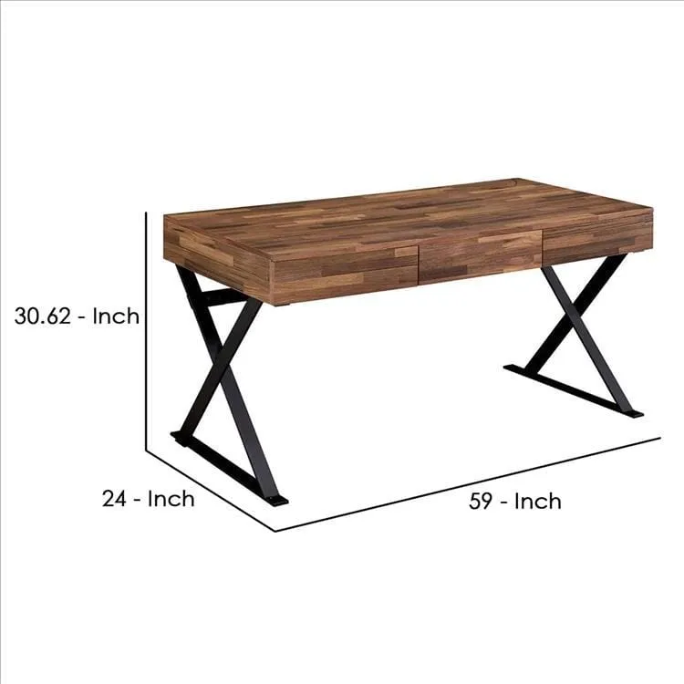 Industrial 3 Drawer Writing Desk with X Legs, Brown and Black By Casagear Home