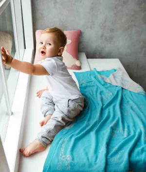 Jungle Safari Med Aqua 100% Cotton Knitted All Seasons AC Blanket for Babies