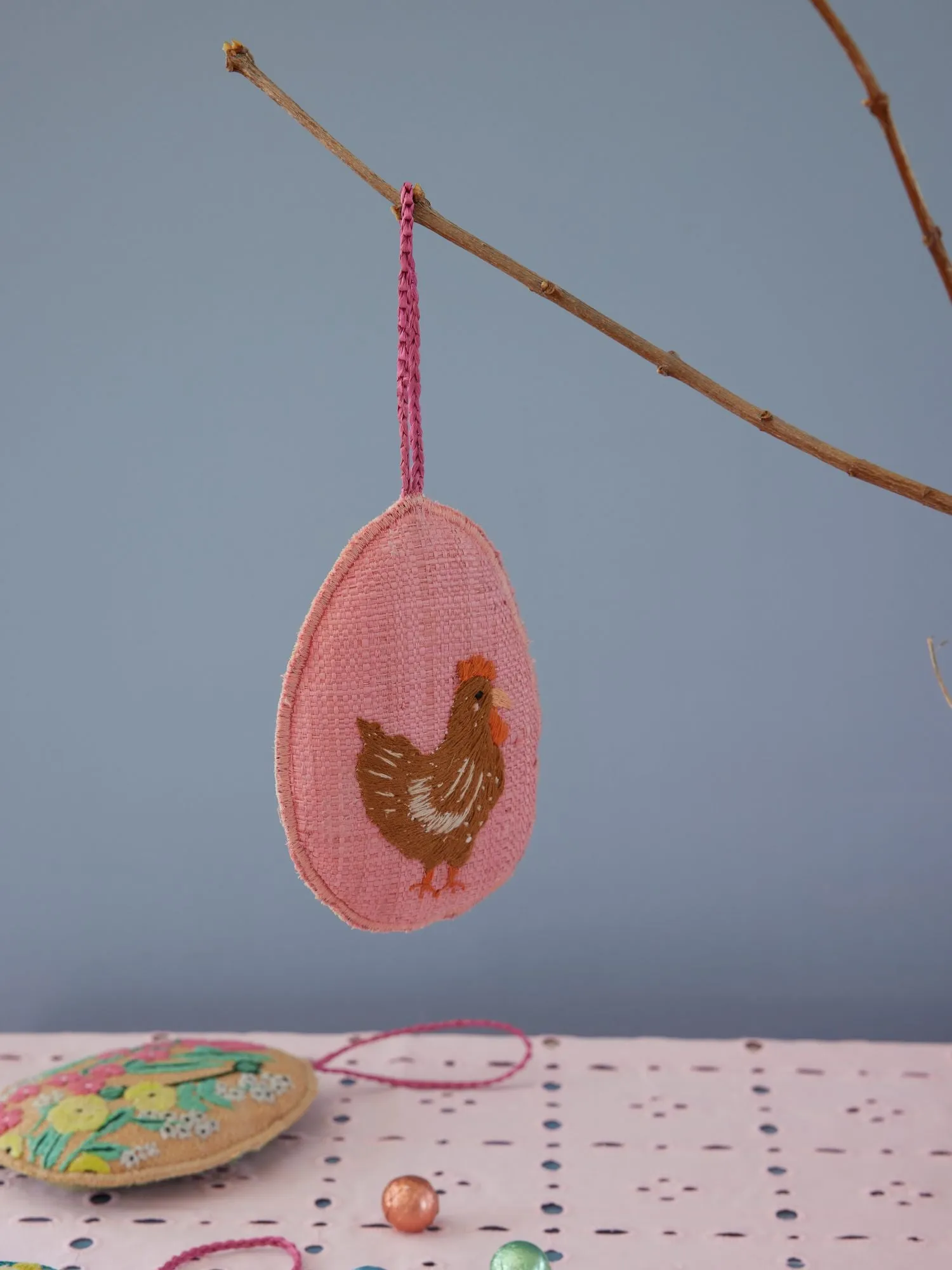 Large Raffia Ornament - Soft Pink - Hen Embroidery