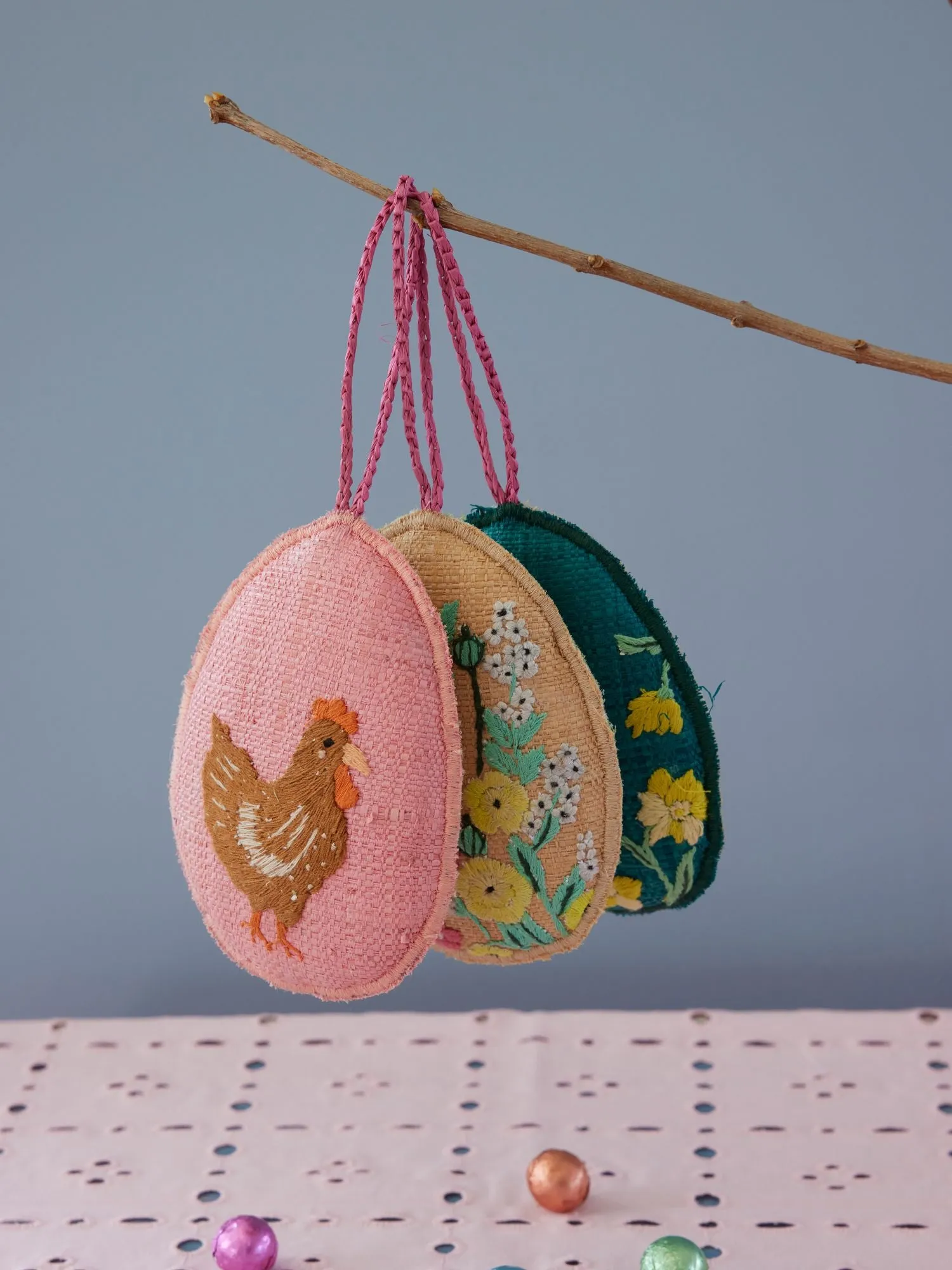 Large Raffia Ornament - Soft Pink - Hen Embroidery