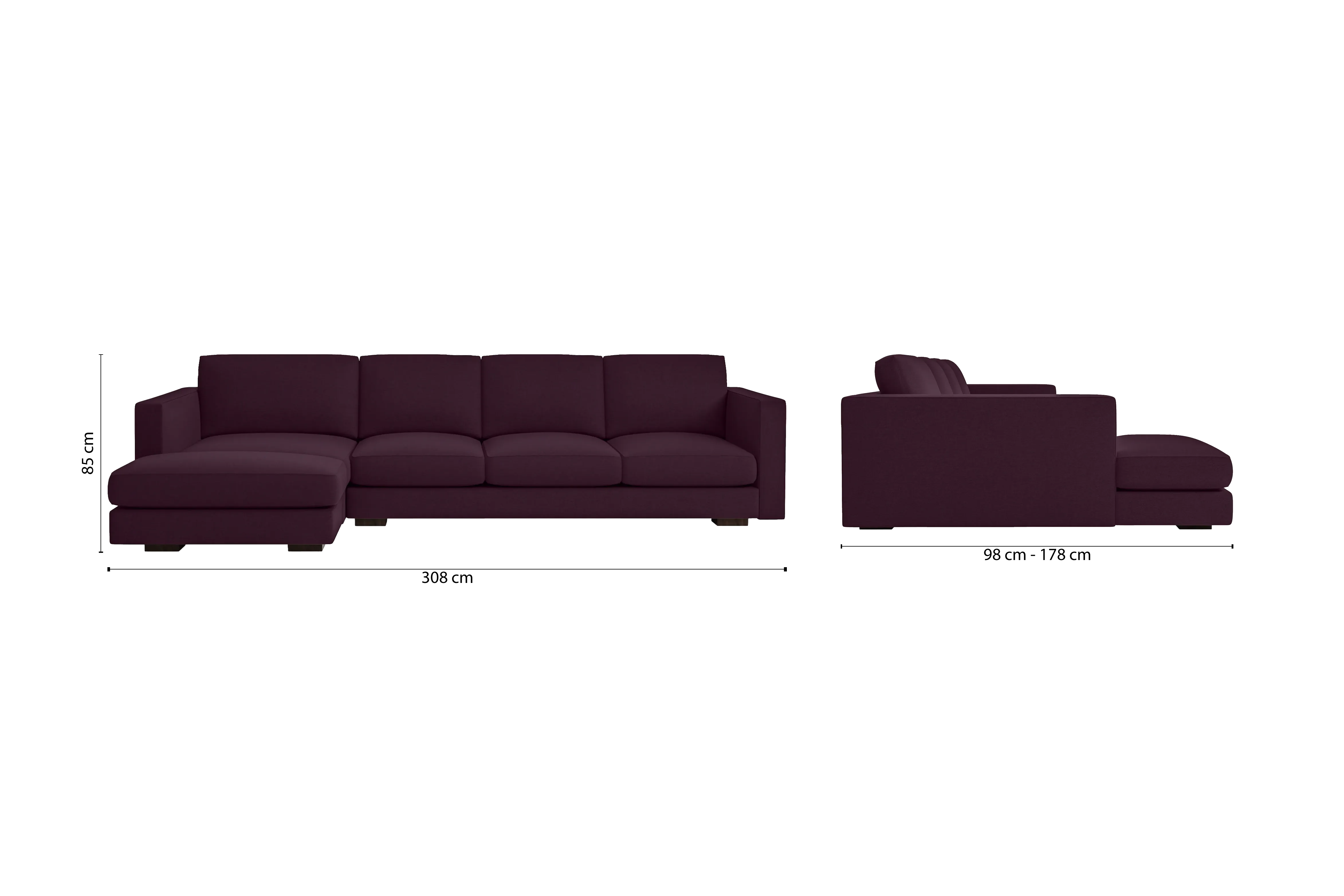 Messina 4 Seater Left Hand Facing Chaise Lounge Corner Sofa Purple Linen Fabric