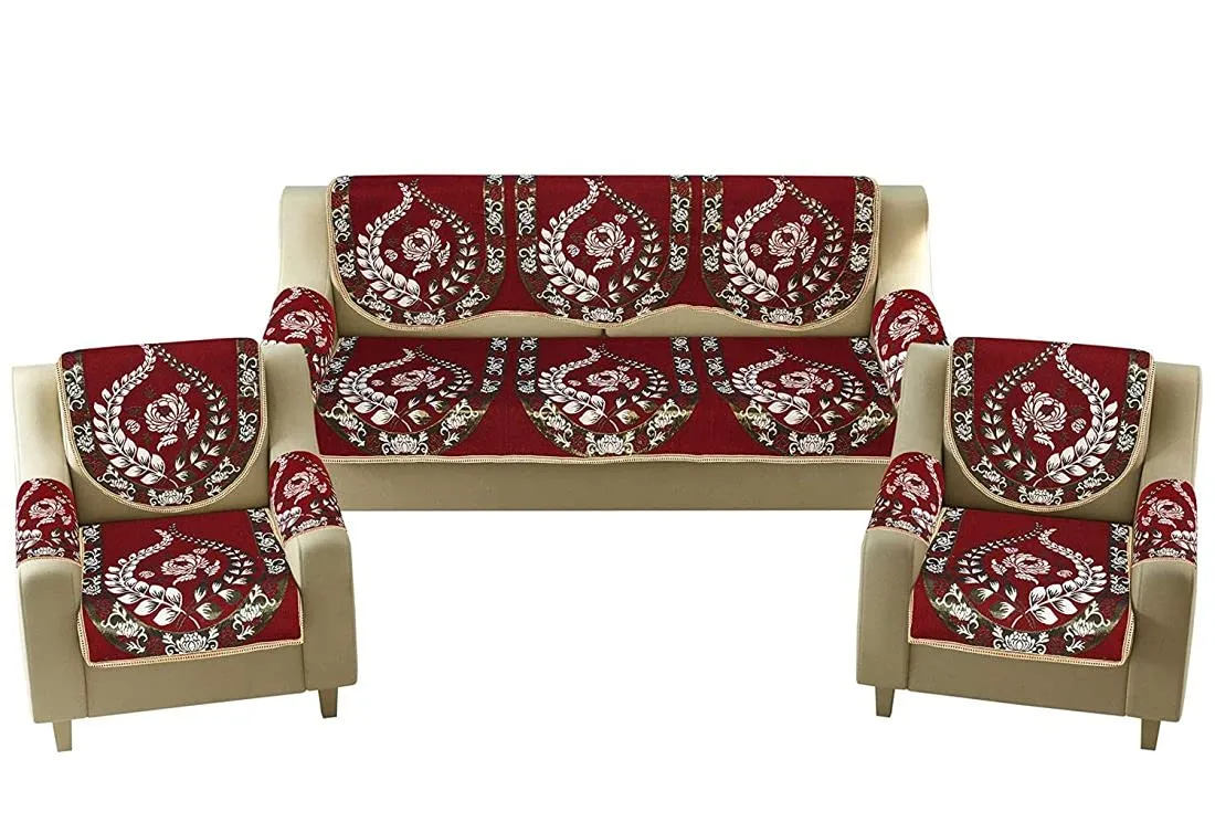 Multitex Royal Look Cotton Sofa Cover Set With Heavy Fabric Floral Design 5 Arm Seater Sofa Cover -| Set Of 16 Piece |- (Maroon, L)