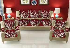 Multitex Royal Look Cotton Sofa Cover Set With Heavy Fabric Floral Design 5 Arm Seater Sofa Cover -| Set Of 16 Piece |- (Maroon, L)
