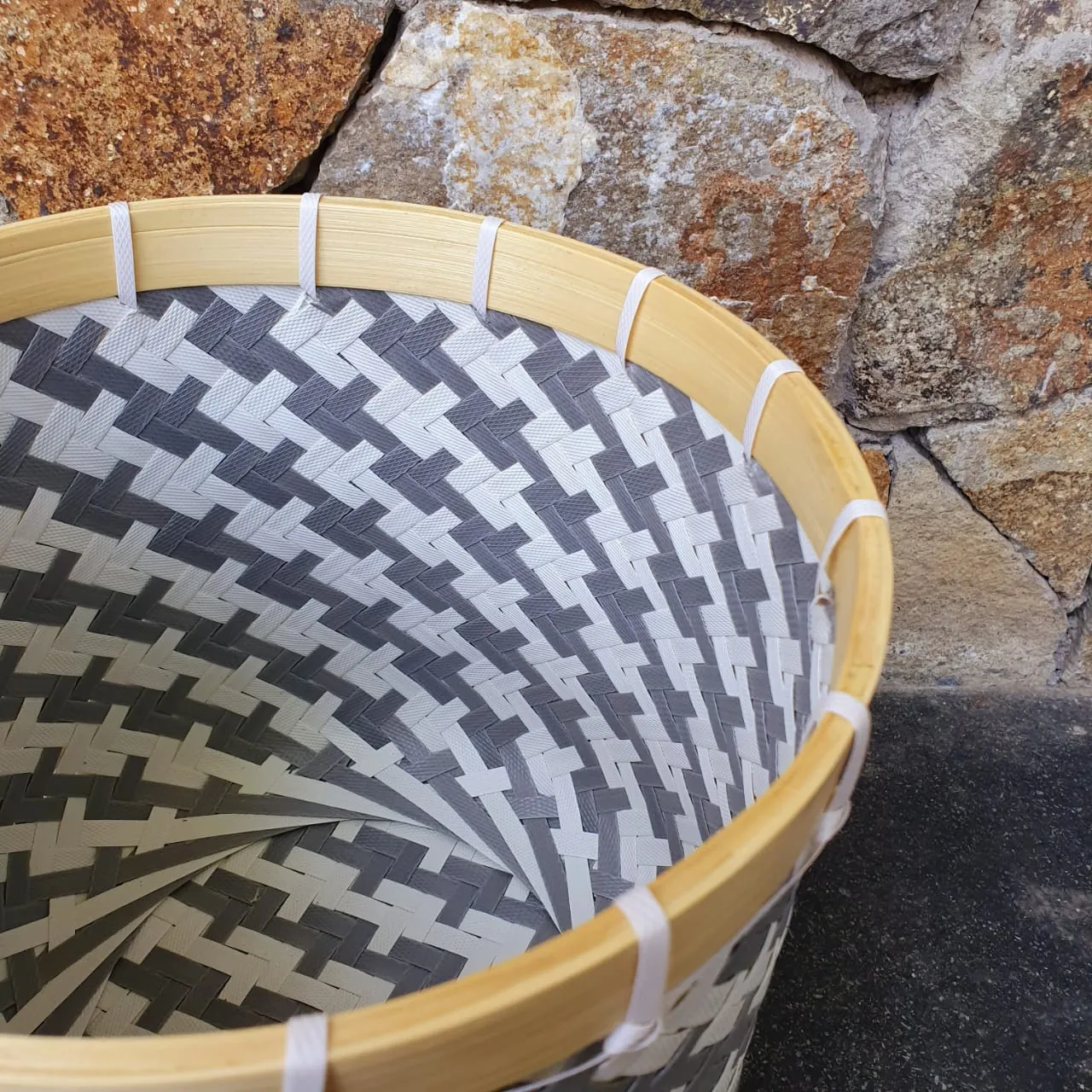 Round Grey and White Bamboo Baskets