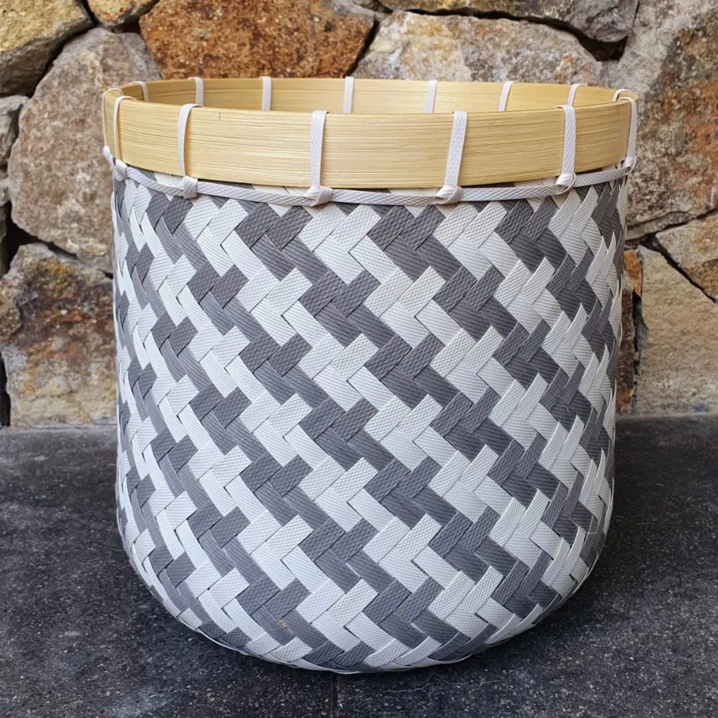 Round Grey and White Bamboo Baskets