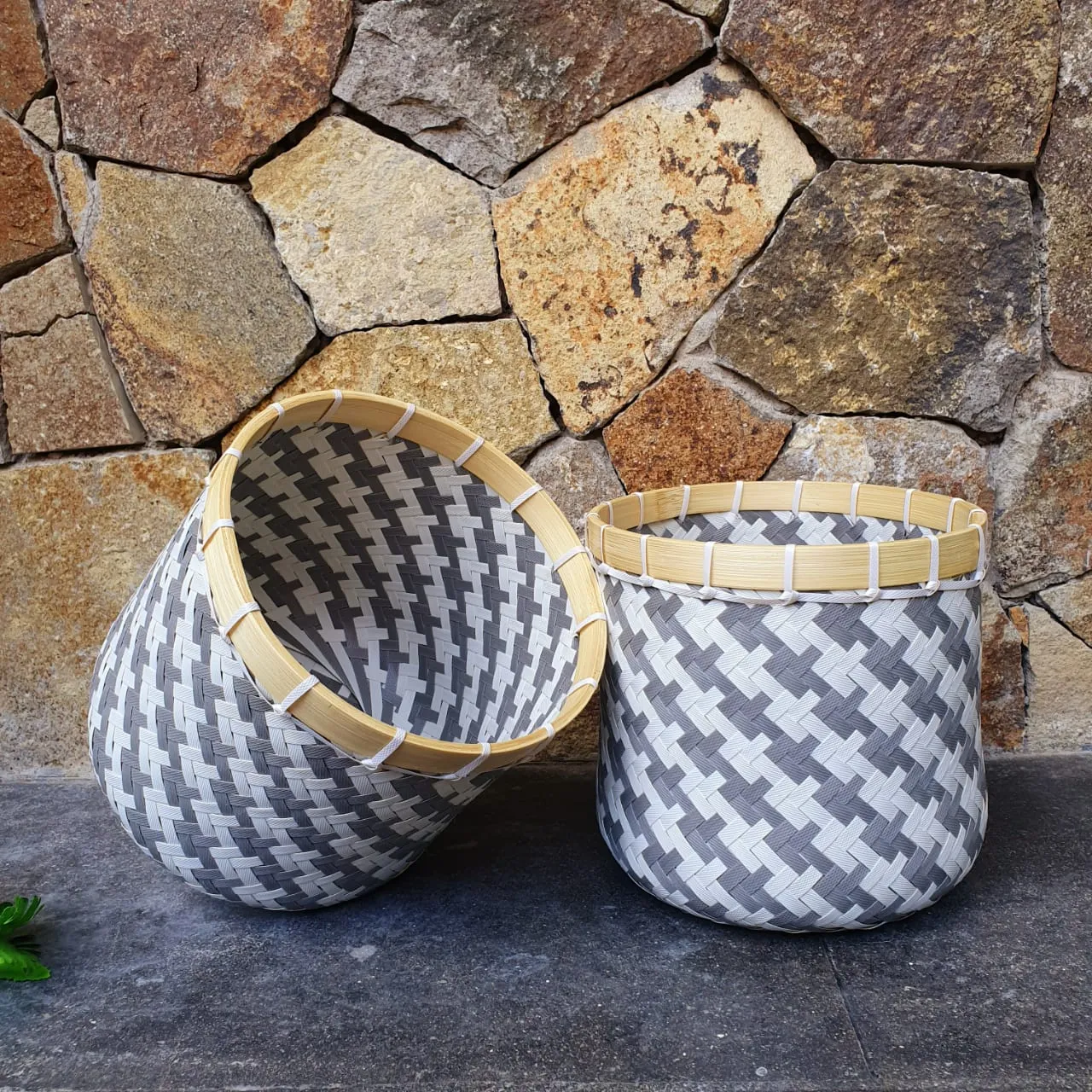 Round Grey and White Bamboo Baskets