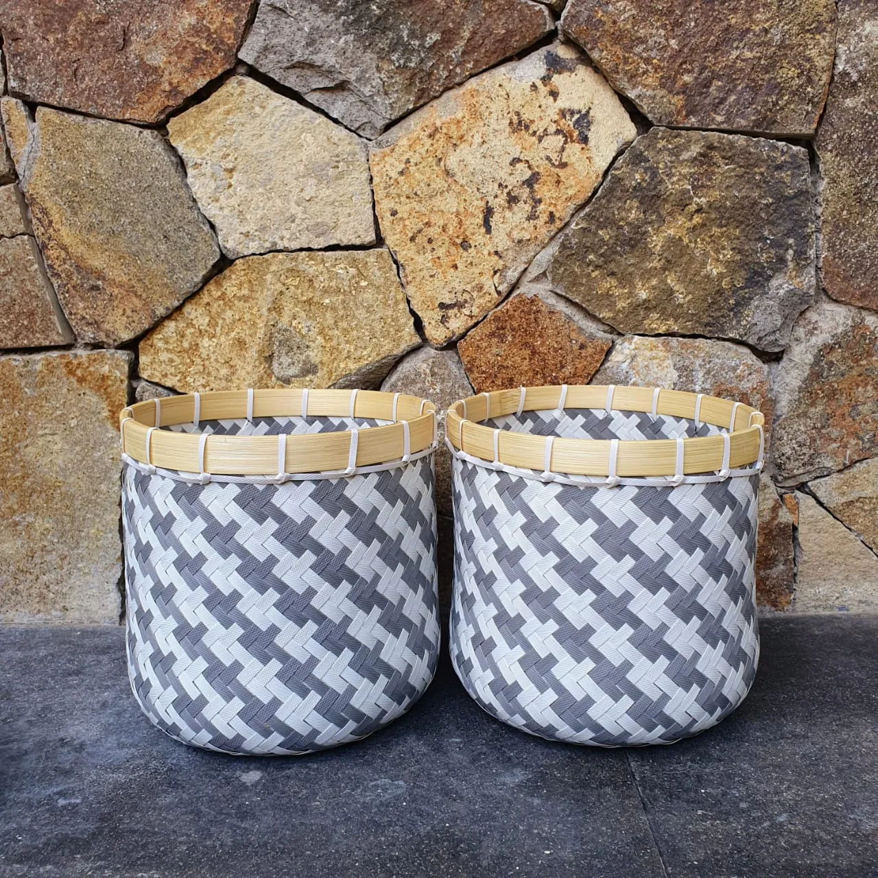 Round Grey and White Bamboo Baskets