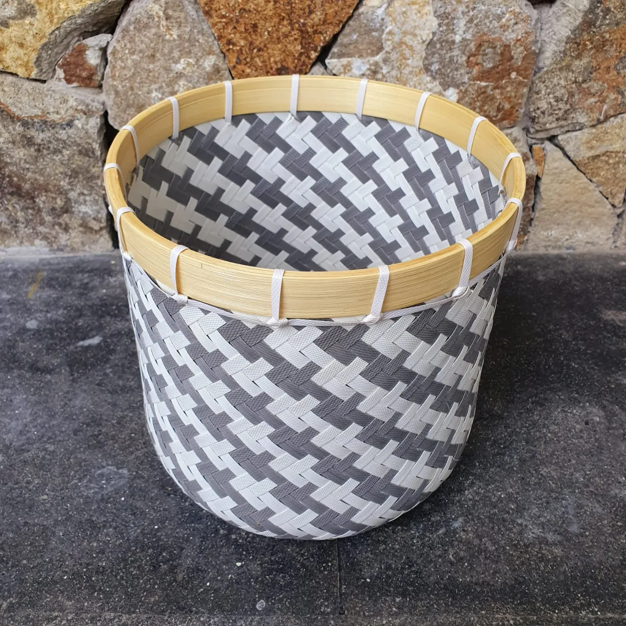 Round Grey and White Bamboo Baskets